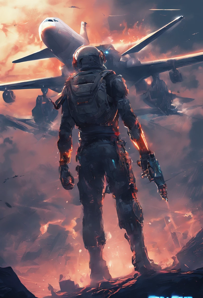 Blue Ghost Hunter, (Giant: 1.6), Super Cool Ghost Killer, Surrounded by lightning, super detailed, Realistic, shiny, Reflective, bio luminescent, Galaxy Control Mask, mechs, (The executioner was hanged:1.2), Cape, SH4G0D, GlowingRunes_Red, movie, Dark background, Backlight, High contrast, Advanced metropolis、cosmic space、(Planes:2),Airplane only