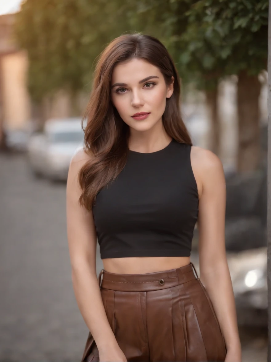 female headband brown hair realistic pleated skirt leather pants moto lawn