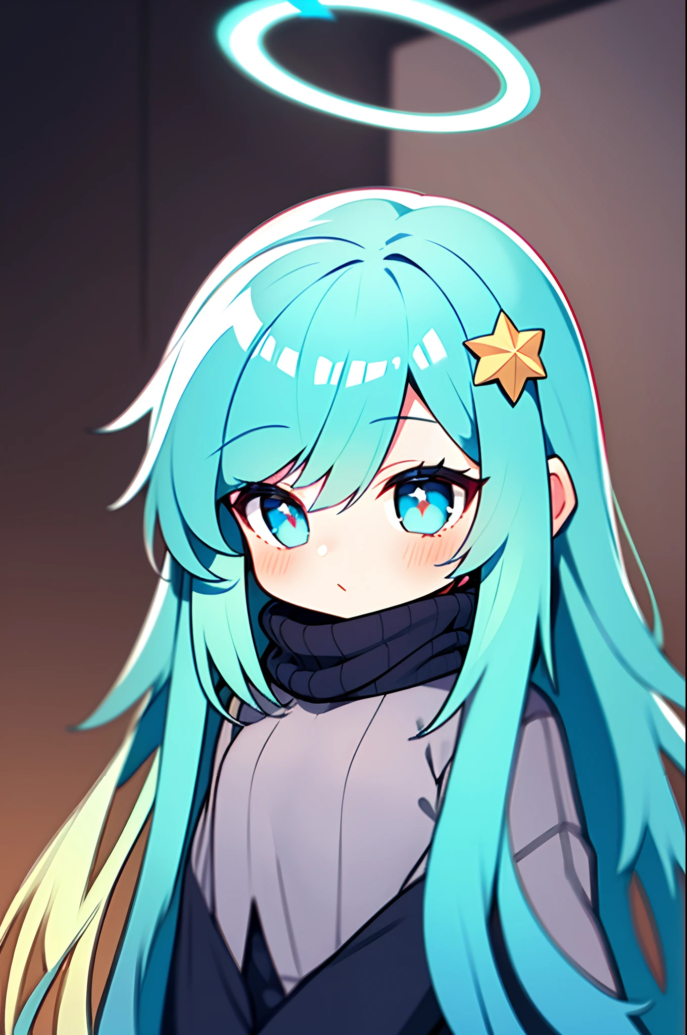 (Chibi:1.1), 1girl in, Formidable_default, Sweaters, aqua hair, Long hair, Halo, Light blue hair, Colored inner hair, Pupil brilliance、light blue eyes, Star hair ornament on bangs