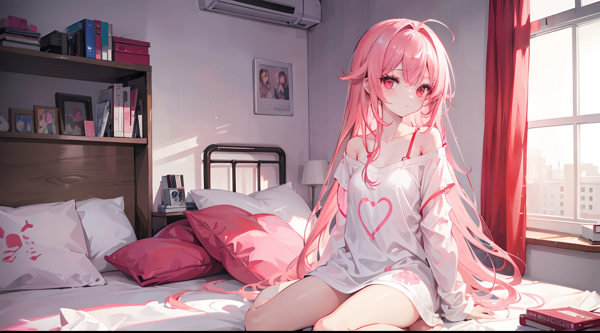 (1Girl, 18yo, ((messy bubblegum pink hair)), she are smiling, pink slutry eyes, (wearing ((sexy)) tight jeans and white t-shirt)), ((In a bed)). ((dark lighting at night))
