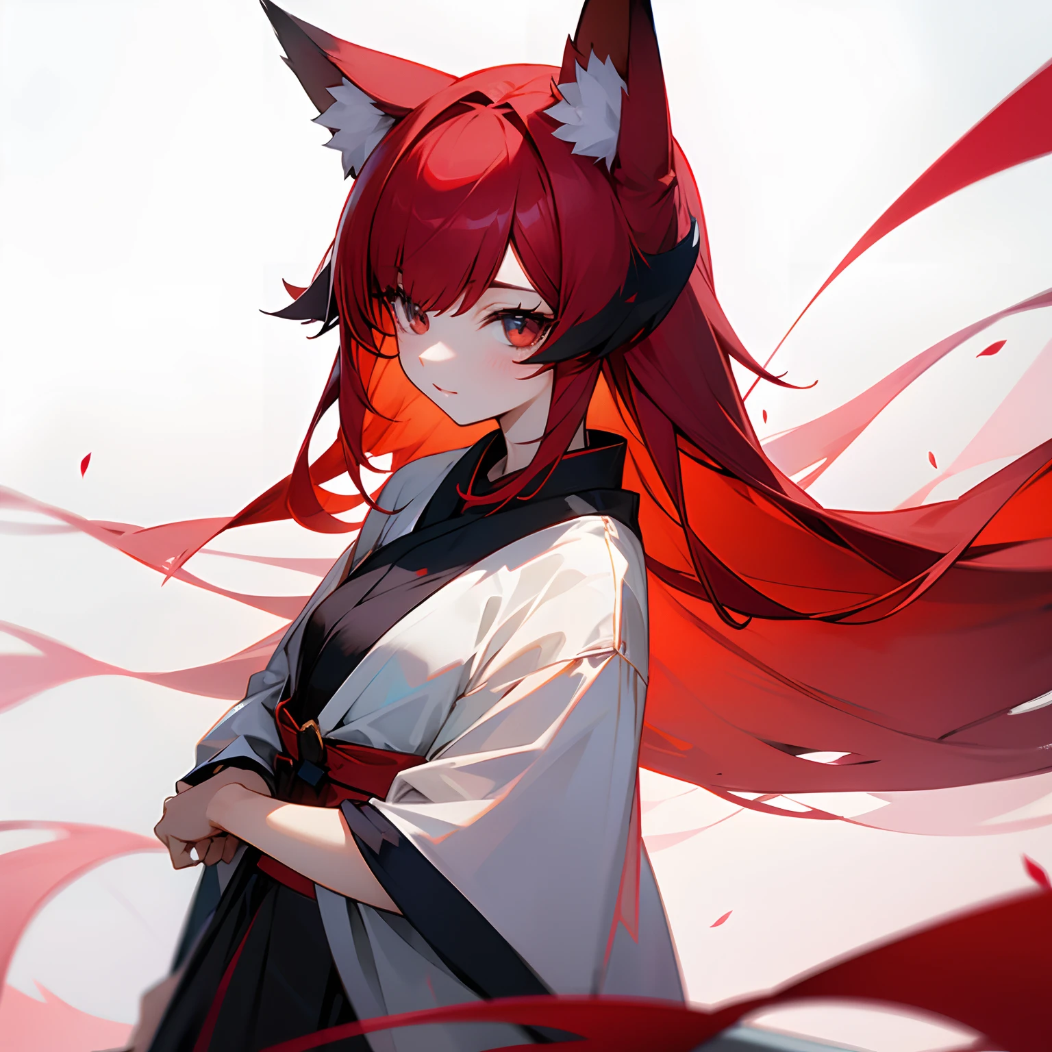 Fox ears、red hairs、Modern clothes、sharp eye、a beauty girl