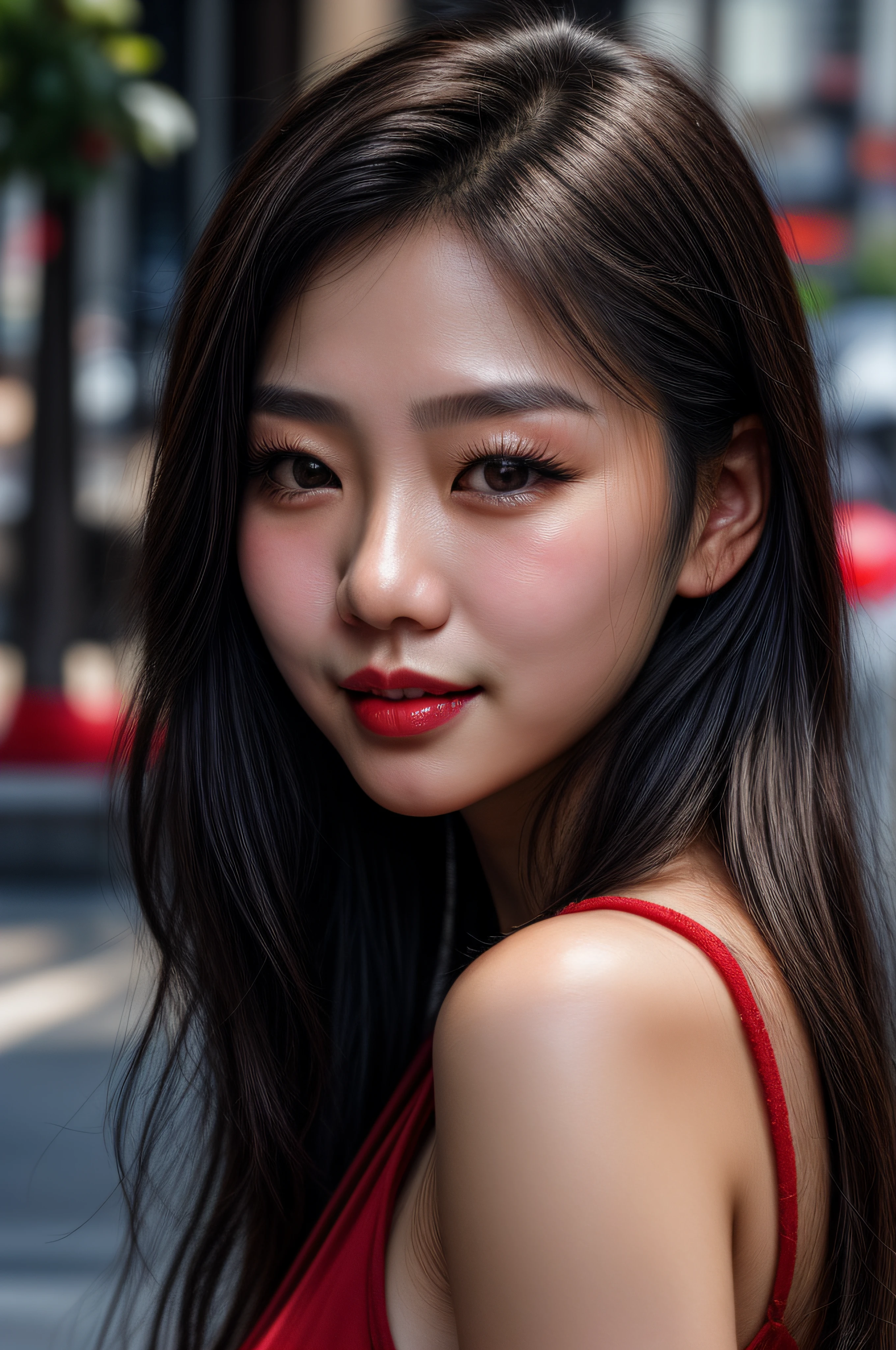 portrait of a beautiful Korean girl, pop idol, oval face, pointed chin, red lips, dark blue eyes, long black hair. wrinkles on the face, skin pores. a slight smile. high detail. detailed background.