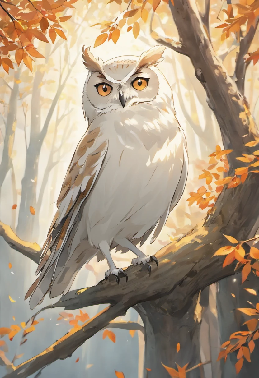 Best Quality,4K,8K,hight resolution,masutepiece:1.2),Ultra-detailed,(Realistic,Photorealistic,Photorealsitic:1.37),season for autumn,In the forest of autumn leaves,White owl perching on a tree,Beautiful detailed eyes,beautiful detailed plumage,Sleek and elegant appearance,Tree branches covered with majestic autumn foliage,Sharp Focus,Blue-white color palette,Soft natural lighting,Impressive contrast between owls and surroundings,Subtle details of the owl's beak and claws,feathery texture,Quiet Halloween atmosphere,frosty breath escaping from the beak of a white owl,Quiet silence and serenity,Ethereal and magical atmosphere,Sensation of subtle movements in the posture of an owl,Impeccable execution of owl feathers,Textured bark,Subtle shadows and highlights of owl feathers,Signs of moonlight peeking through the branches,Peaceful and serene atmosphere
