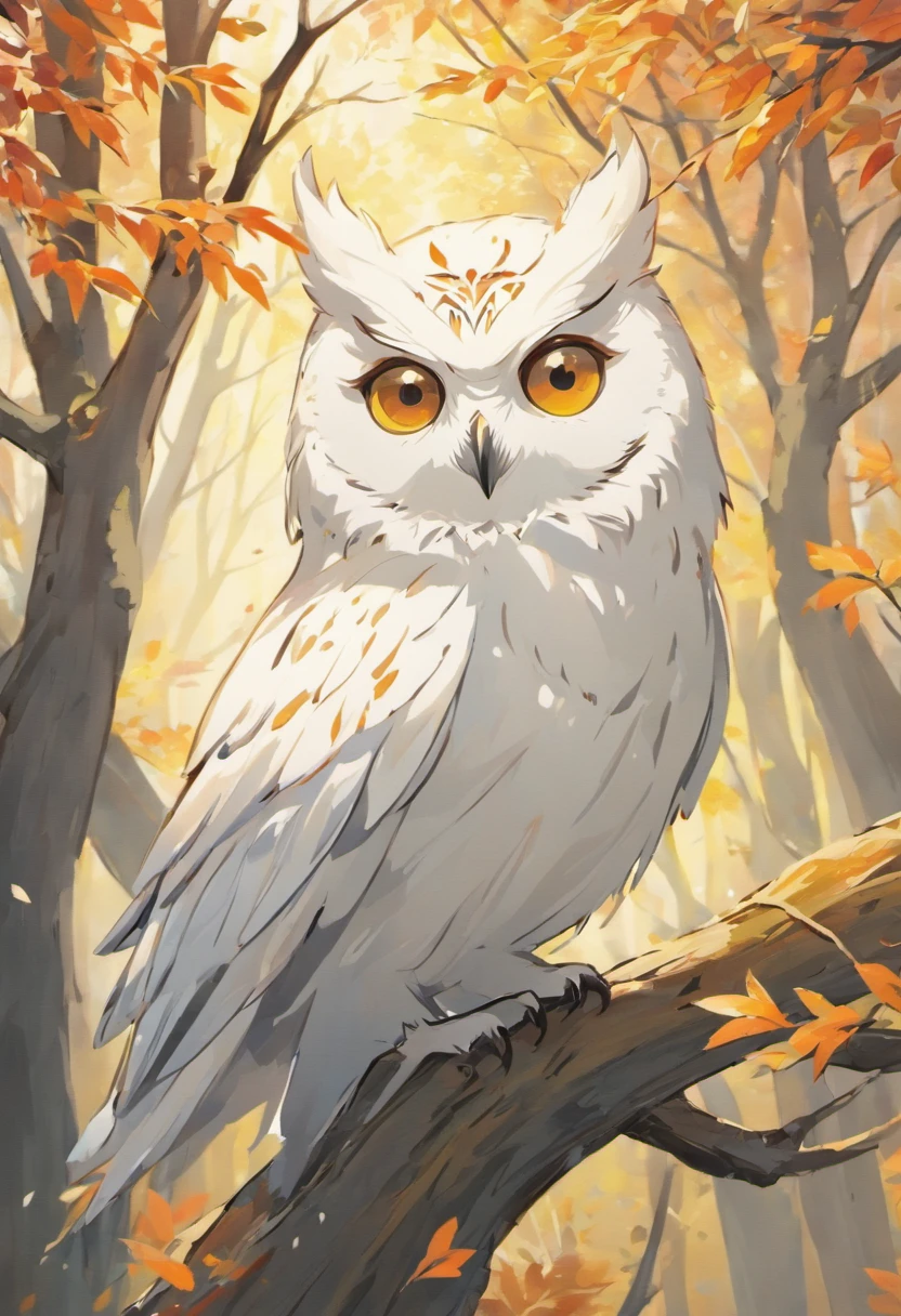 Best Quality,4K,8K,hight resolution,masutepiece:1.2),Ultra-detailed,(Realistic,Photorealistic,Photorealsitic:1.37),season for autumn,In the forest of autumn leaves,White owl perching on a tree,Beautiful detailed eyes,beautiful detailed plumage,Sleek and elegant appearance,Tree branches covered with majestic autumn foliage,Sharp Focus,Blue-white color palette,Soft natural lighting,Impressive contrast between owls and surroundings,Subtle details of the owl's beak and claws,feathery texture,Quiet Halloween atmosphere,frosty breath escaping from the beak of a white owl,Quiet silence and serenity,Ethereal and magical atmosphere,Sensation of subtle movements in the posture of an owl,Impeccable execution of owl feathers,Textured bark,Subtle shadows and highlights of owl feathers,Signs of moonlight peeking through the branches,Peaceful and serene atmosphere