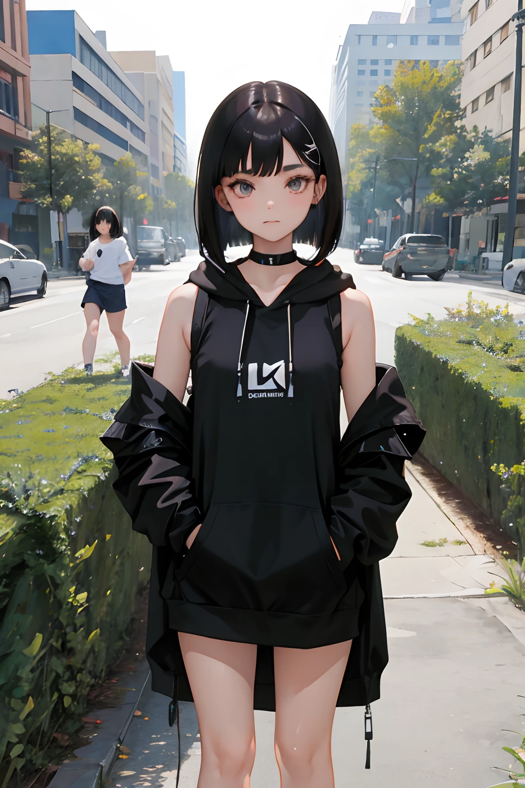 (masterpiece,Highest Quality),(child),(Sportsbra,Long black hoodie),(A dark-haired,Medium bob),embarrassed from,Delicate body