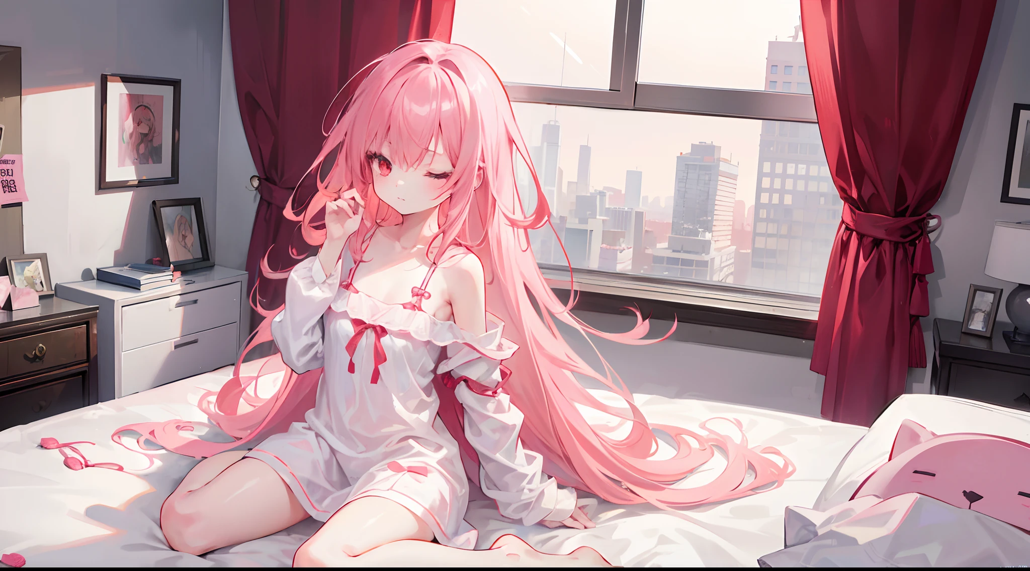 1girl, long pink hair, red eyes, one eye closed, slim body, small chest size, wearing loose sleepwear, sitting on bed in messy room like student dorm, absurdres, high res, ultrasharp, 8K, masterpiece, looking at viewer