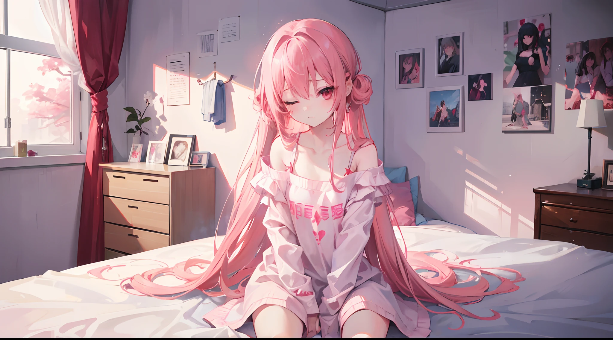 1girl, long pink hair, red eyes, sleepy, one eye closed, slim body, small chest size, wearing loose sleepwear, sitting on bed in messy room like student dorm, absurdres, high res, ultrasharp, 8K, masterpiece, looking at viewer