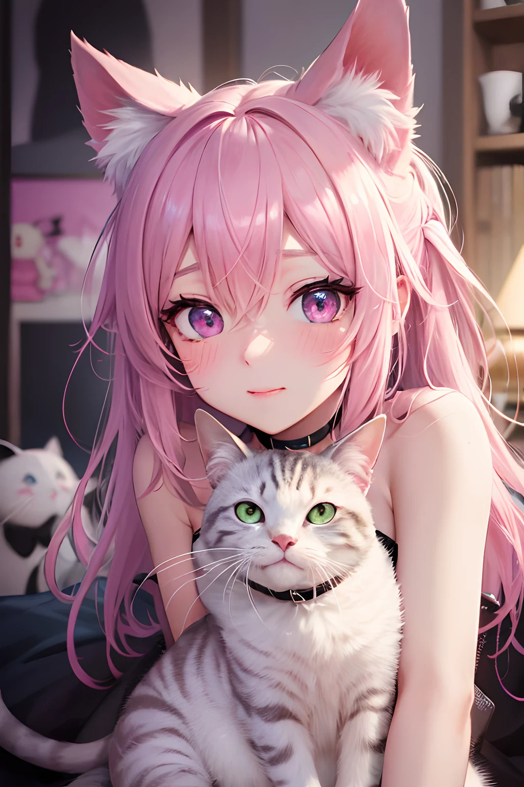 striated hair,Pink twin-tailed hair,   Mole under the eyes, mole under mouth, Heart-shaped pupil, longeyelashes, Pink eyes, Heart-shaped choker、full body Esbian、gazing at viewer、Shy, blush, tusk, ear blush, nose blush,Anime style, Color Field Painting, Ray tracing, bloom, One-person viewpoint, nffsw, awardwinning, 16 K, Best Quality, high details, High quality, masutepiece, hight resolution, ccurate, Super Detail、Cat without ears