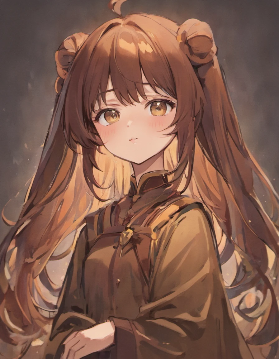 Female, thin, long and dark hair with dark brown ends, 164 tall, infp, introvert, googly-eyed face, thick eyebrows, double eyelids, tired eyes, convex mouth, high hairline, bangs slightly parted at an angle. Representative Animal: Rabbit, inspired by Bian Shoumin, cartoonish cute, cute illustration, chibi