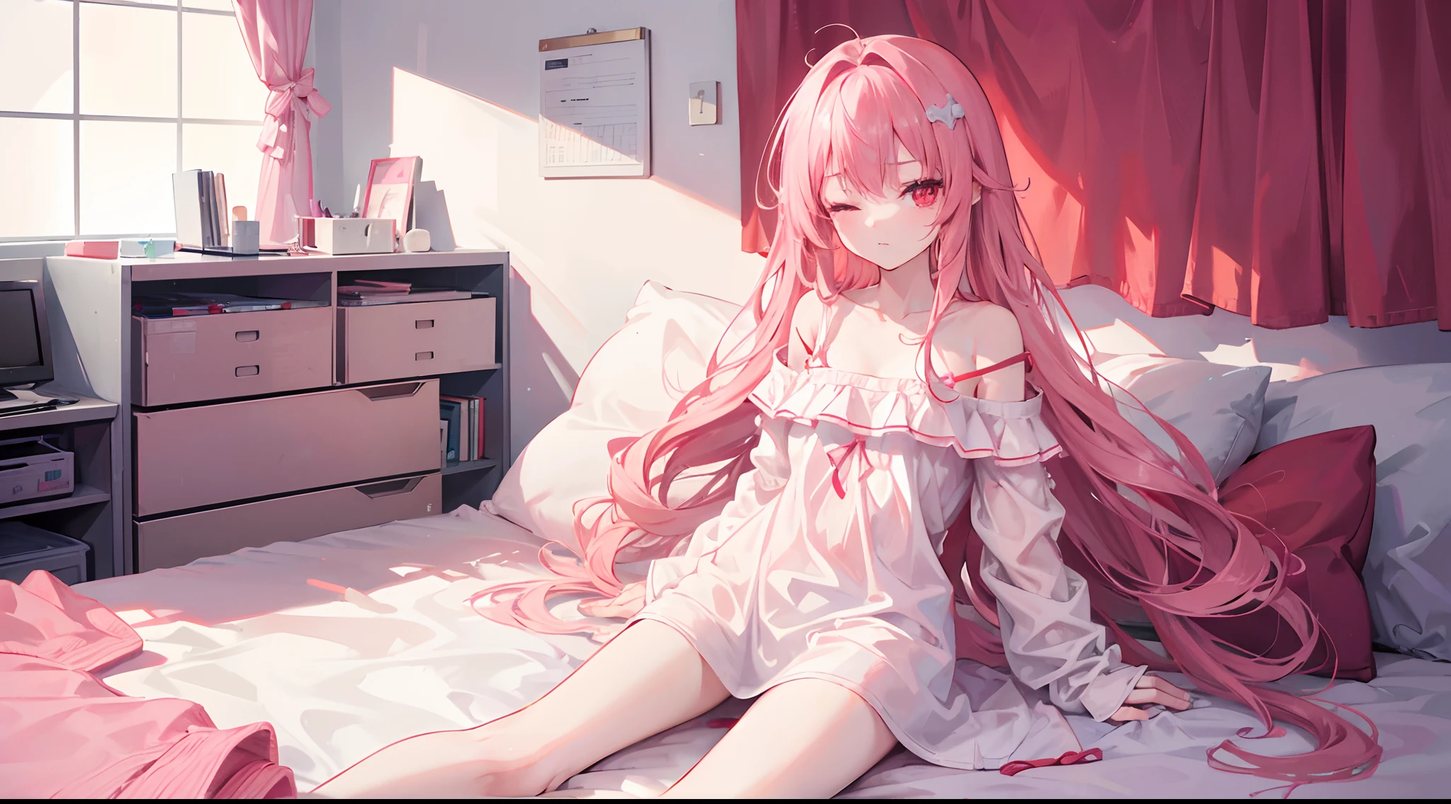 1girl, long pink hair, red eyes, one eye closed, slim body, small chest size, wearing loose sleepwear, sitting on bed in messy room like student dorm, absurdres, high res, ultrasharp, 8K, masterpiece, looking at viewer