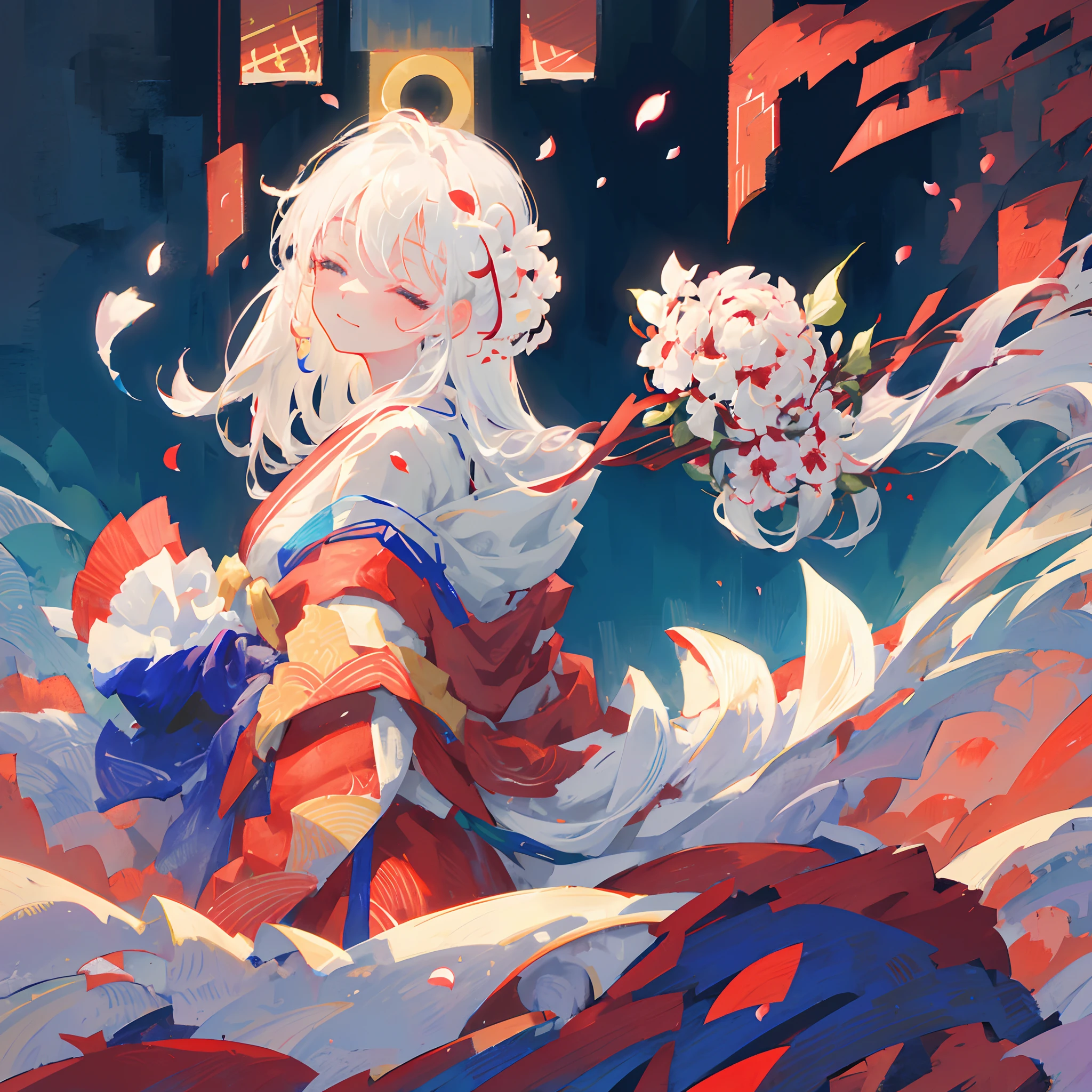 ((solo)), ((close-up side profile)) of a girl with eyes closed, ((head tilted up)), white hair that is tied up, (faint smile), flowing hair, burning flower on hair, falling petals, kimono, flowing cloth