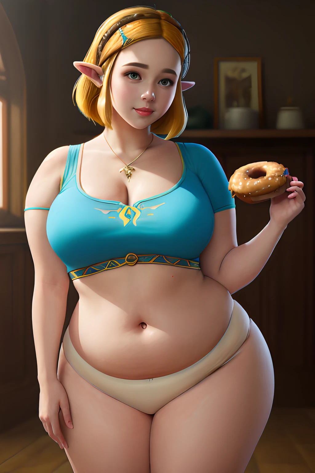 masterpiece, best quality, photorealistic, small smile, solo, (detailed eyes:0.9), Zelda, BotW, eating donut, cute beautiful face, cutie, young, 95kg, very chubby, sexy, soft, curvy, very plump, fat rolls, very chubby belly, belly rolls, love handles, muffin top, BotW tight clothes, cellulite, blonde, short hair, thunder thighs, fatty, force feeding, got fat