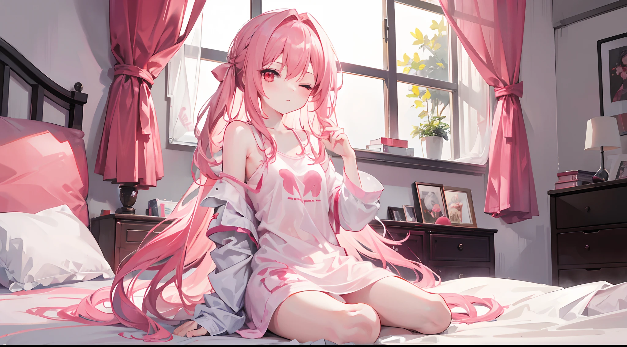 1girl, long pink hair, red eyes, sleepy, one eye closed, slim body, small chest size, wearing loose sleepwear, sitting on bed in messy room like student dorm, absurdres, high res, ultrasharp, 8K, masterpiece, looking at viewer