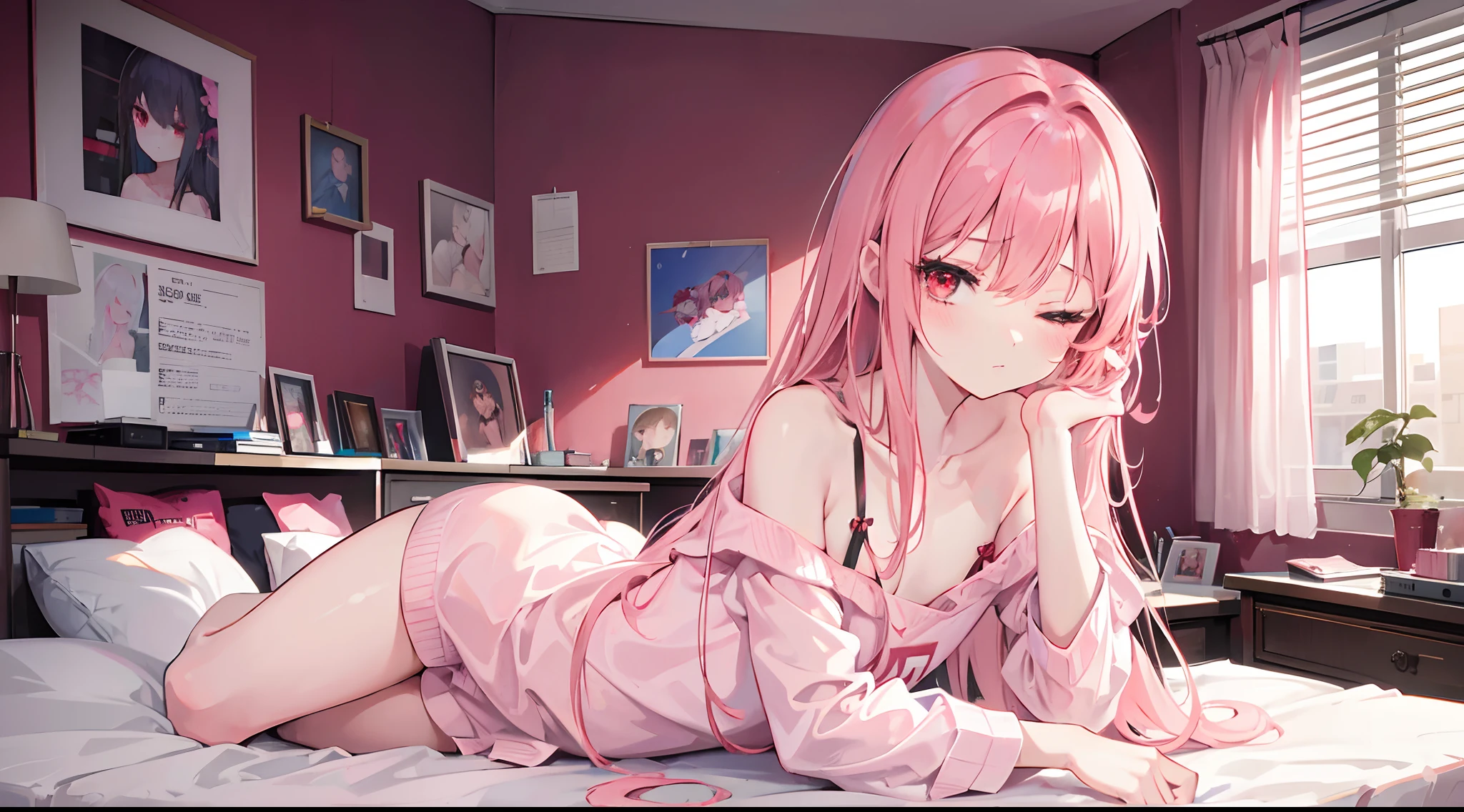 1girl, long pink hair, red eyes, sleepy, one eye closed, slim body, small chest size, wearing loose sleepwear, sitting on bed in messy room like student dorm, absurdres, high res, ultrasharp, 8K, masterpiece, looking at viewer