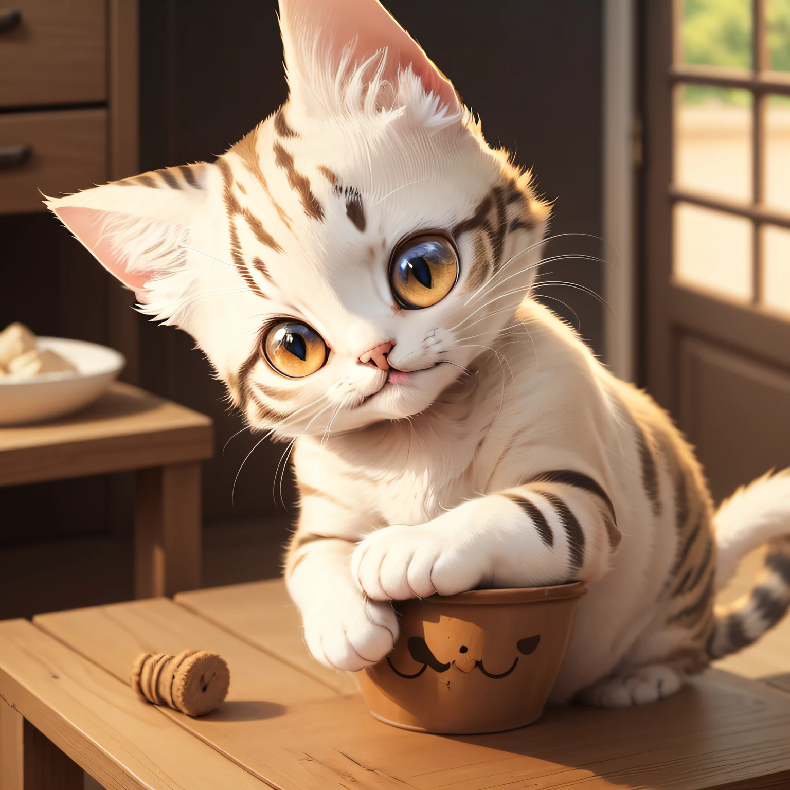 (a cat the hungry:1.2), cream color, looking at viewer, smile, masterpiece,high quality, chibi art style