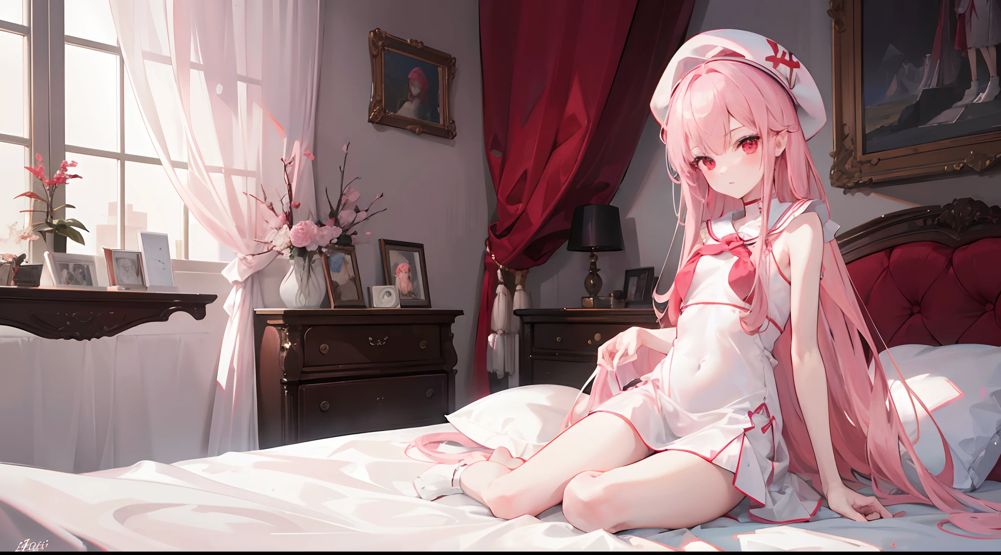 1girl, long pink hair, red eyes, slim body, small chest size, wearing white dress with red beret hat, sitting on bed in room like student dorm, absurdres, high res, ultrasharp, 8K, masterpiece, looking at viewer