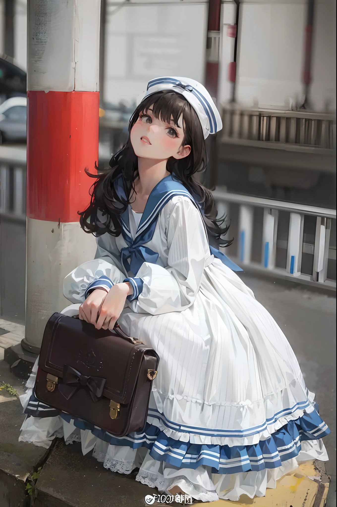araffe dressed in a sailor outfit sitting on a post, brown hair:1.3), loose coat collar sailor uniform, sailor uniform, sailor clothing, lolita style, lolita fashion, kantai collection style, anime girl cosplay, japanese girl school uniform, japanese school uniform, female sailor uniforms, white hime cut hairstyle, portrait of magical lolita girl, sakimichan, victorian gothic lolita fashion