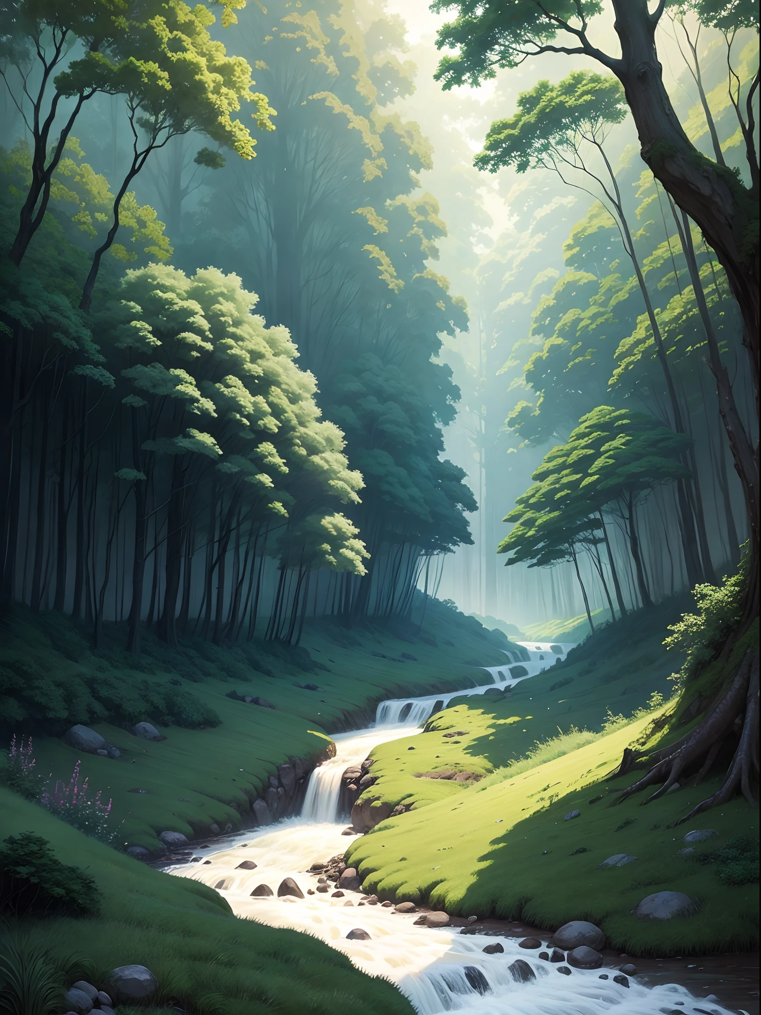 Dense Forest with river flowing in Ghibli studio art style