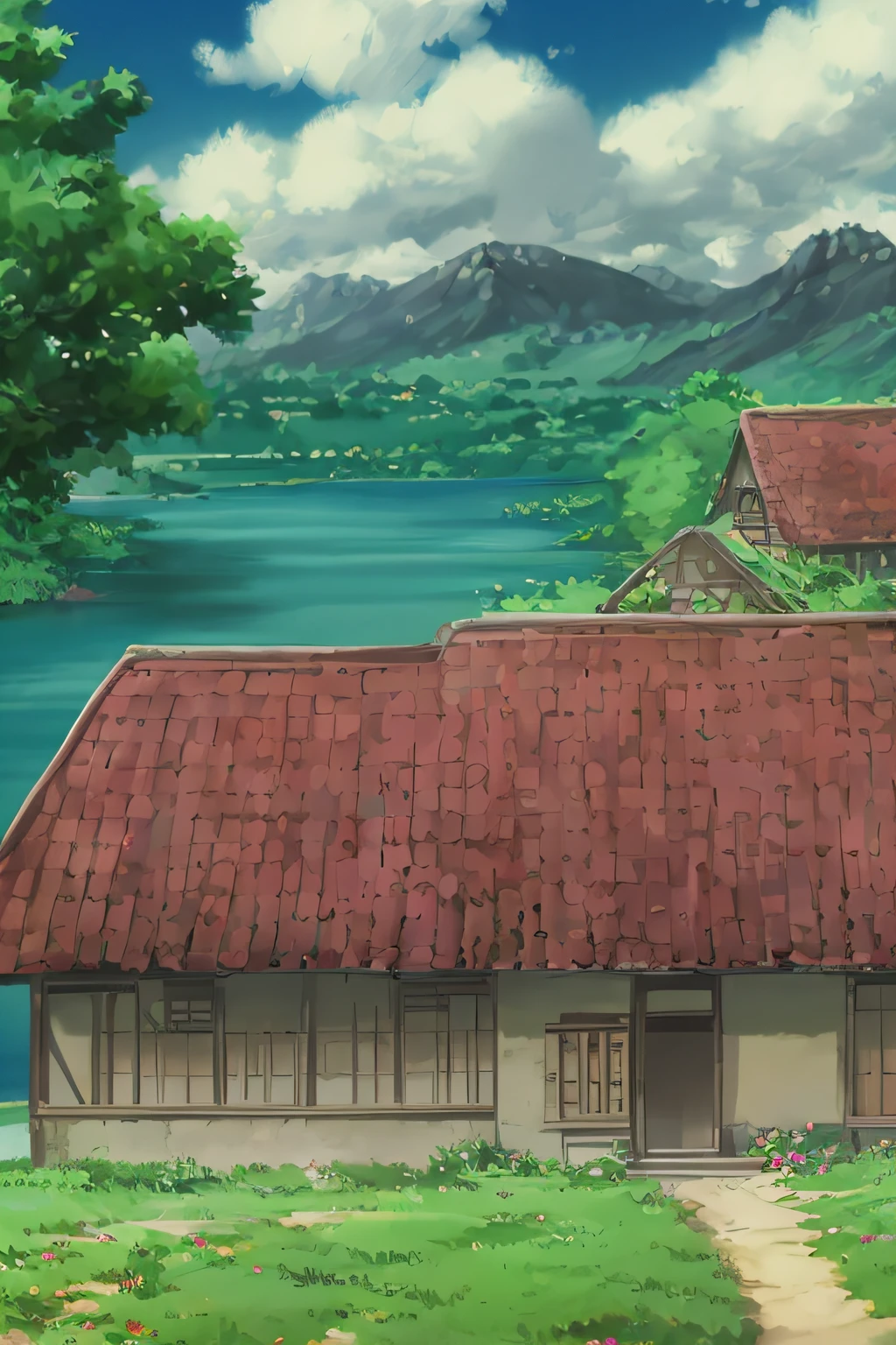 A thatched roof house in Vietnam, next to a river, mountains on both sides, shinkai makoto style