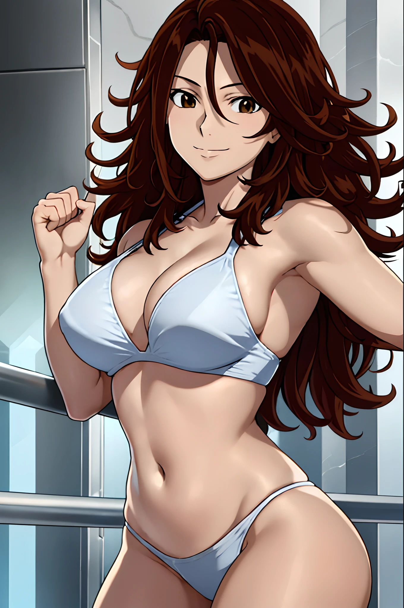 cowboy shot, detailed face, upper body view, detailed body, 4k, Sumergai Lee Noriega, best quality, anime style, hires, highest definition, digital blending, bold drawing lines, ((), (slender body), mature woman, (female wrestler, white wrestling bikini), cheerful, gorgeous, smile, (closed mouth), (pale skin, shiny skin, lighting and shadow), (cleavage), (clean face), (warming up), closed fists, (brown hair, curly hair, long hair), 27 years old, sexy