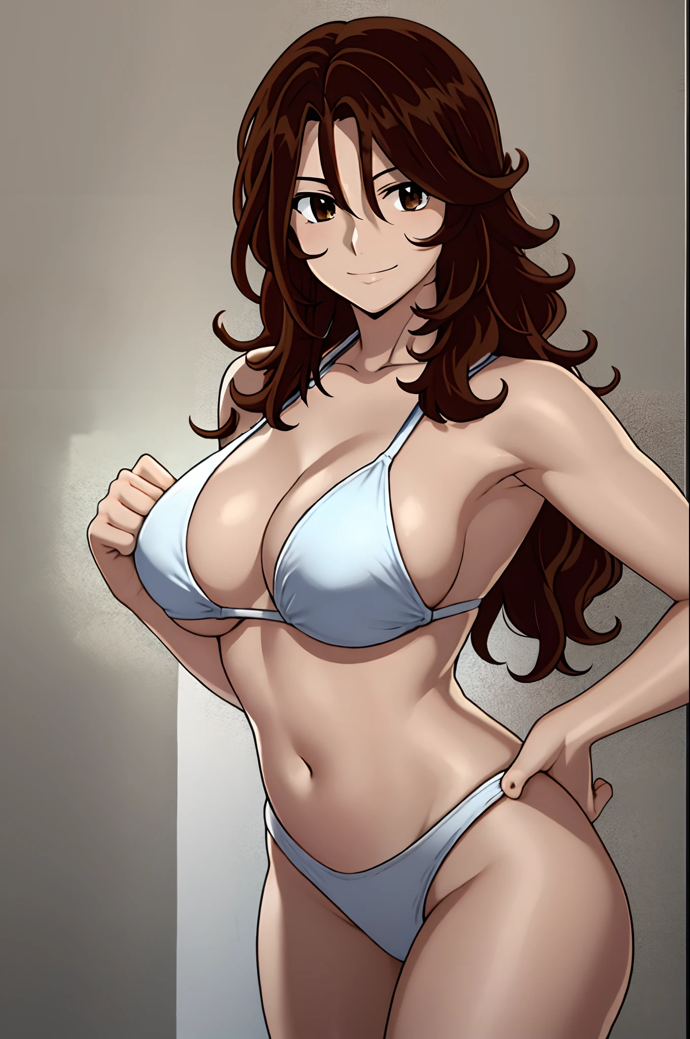 cowboy shot, detailed face, upper body view, detailed body, 4k, Sumergai Lee Noriega, best quality, anime style, hires, highest definition, digital blending, bold drawing lines, ((), (slender body), mature woman, (female wrestler, white wrestling bikini), cheerful, gorgeous, smile, (closed mouth), (pale skin, shiny skin, lighting and shadow), (cleavage), (clean face), (warming up), closed fists, (brown hair, curly hair, long hair), 27 years old, sexy