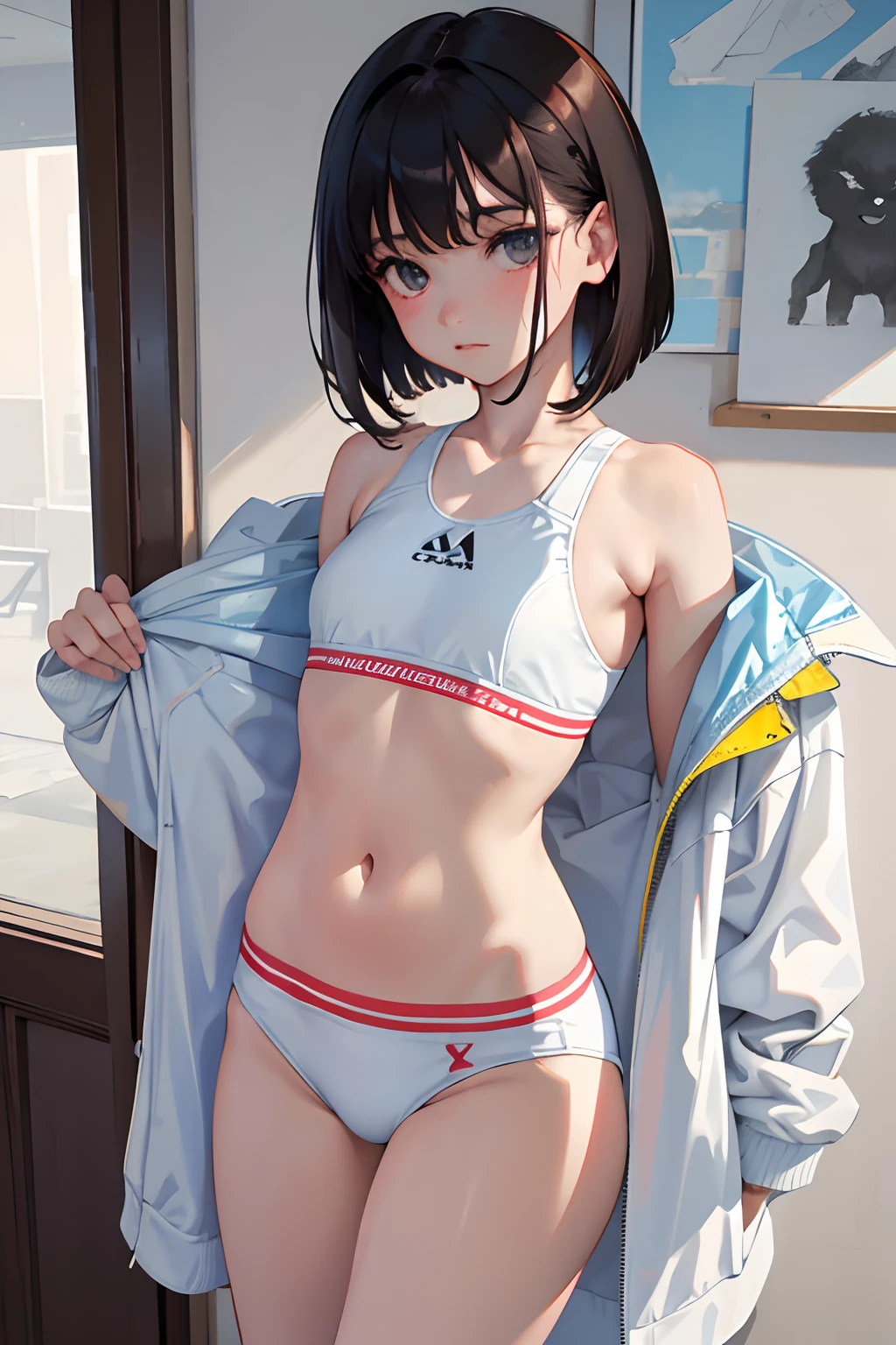 (masterpiece,Highest Quality),(),(Sportsbra,Long white stadium jacket only half open),(A dark-haired,Medium bob),embarrassed from,sleepy expression,Delicate body,petite body,small tits