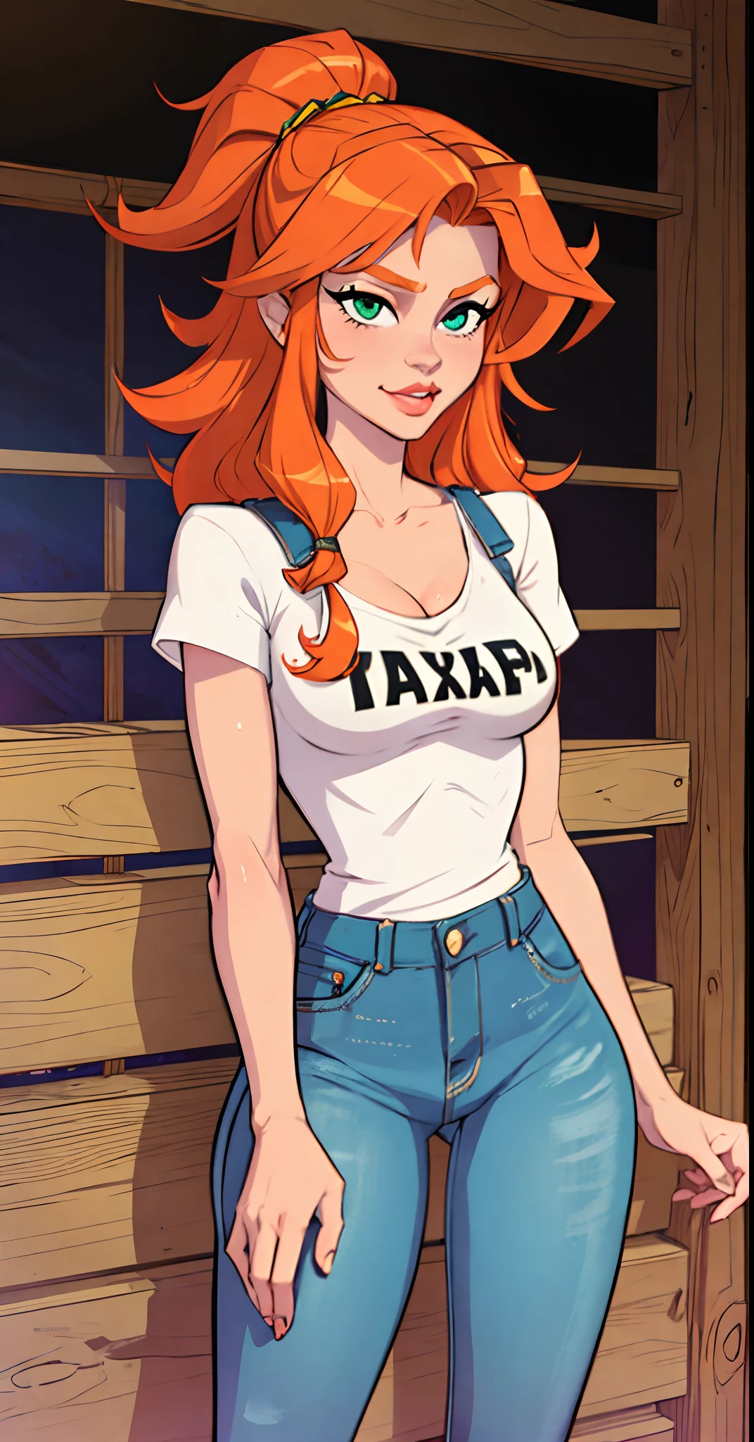 1girl, Best quality, masterpiece, cowboy shot, orange hair, green eyes, tight cloth, cow girl clothes, short jeans, overall jeans, no shirt