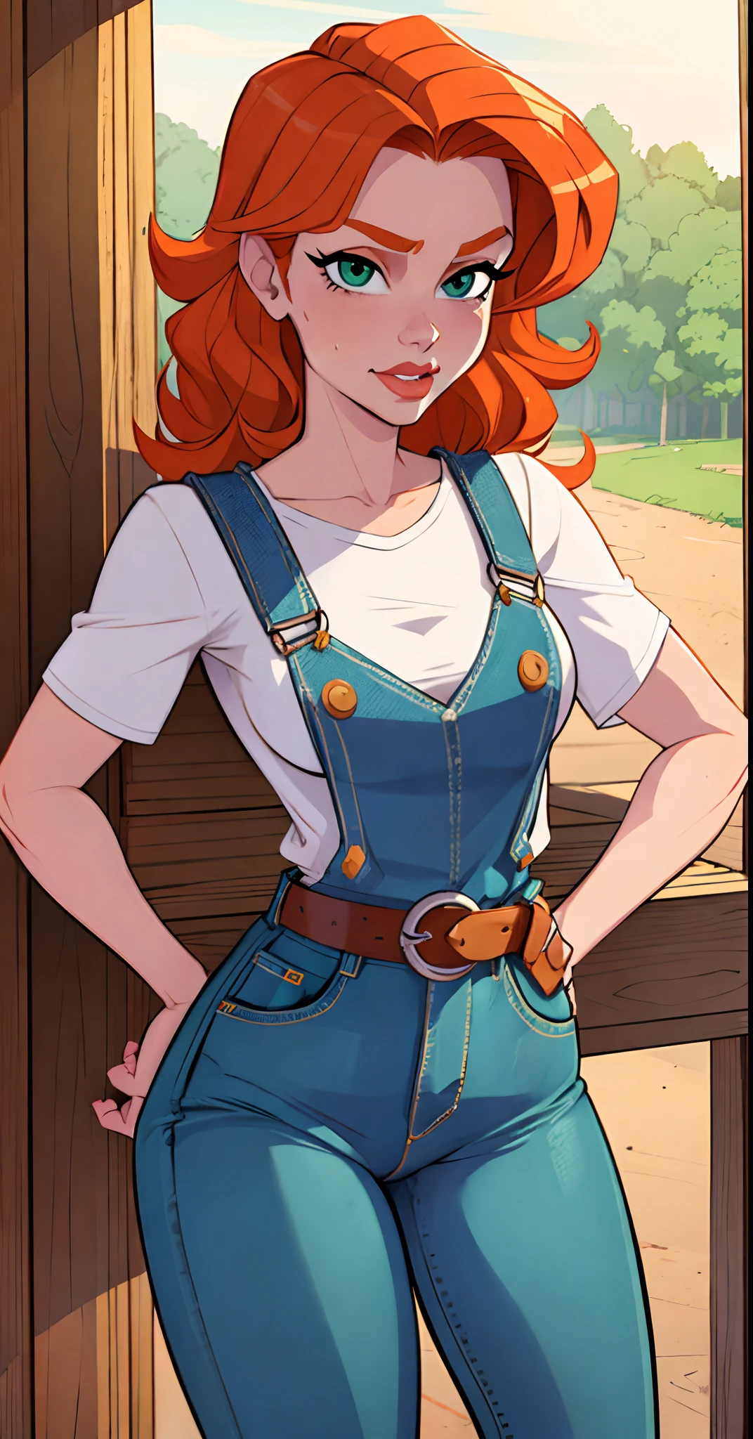 1girl, Best quality, masterpiece, cowboy shot, orange hair, green eyes, tight cloth, cow girl clothes, short jeans, overall jeans, no shirt