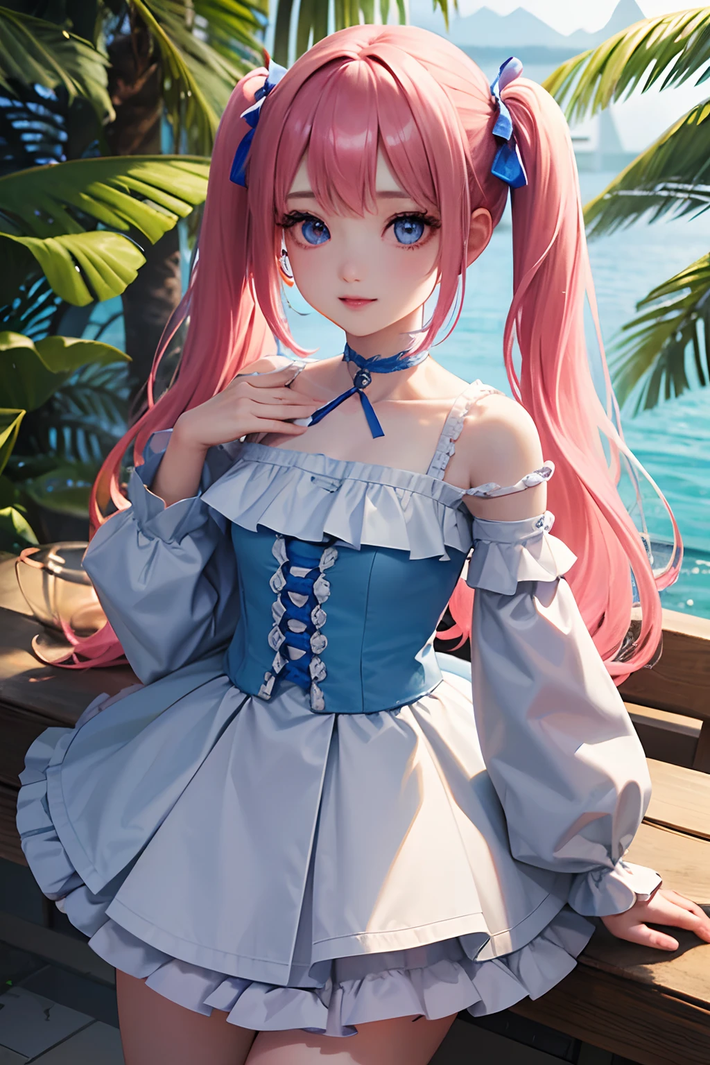 1girl in、looking at the viewers、
The upper part of the body、Beautiful blue eyes、Twin tails pink hair color、Moles under the eyes、Plump and glossy lips、Heart-shaped choker、gazing at viewer、smiling at the viewer、。.。.。.。.。.。.。.。.。.。.。.。.。.。.。.。.。.。.。.。.。.。.。.。.。.。.。.。.。.。.3D、realisitic、
Blouses with ruffles、Ultra mini skirt、florals、Lace trim、sea side、Palm trees、、
masterpiece、top-quality、8K、detailed skin textures、Detailed Cloth Texture、beautifull detailed face、intricate-detail、ultra-detailliert、
Rim lighting、Side lighting、ciinematic light、超A high resolution、8K UHD、film grains、Best Shadow、delicated、gazing at viewer、front facing