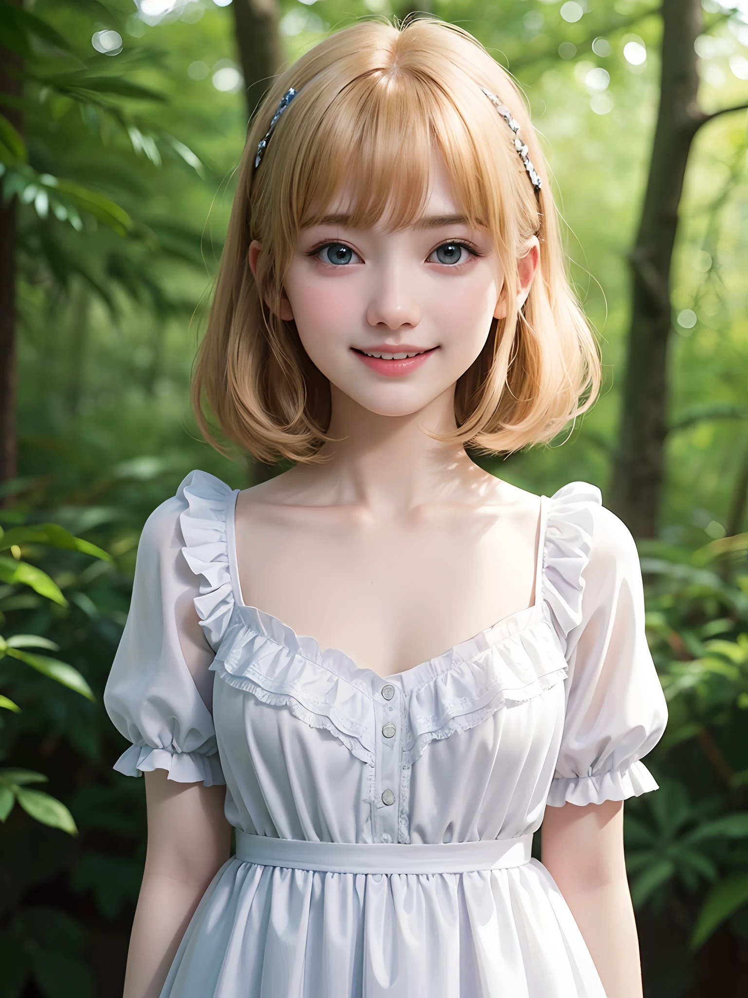 (masuter piece、Best Quality、masutepiece、Cute symmetrical face、Norse man、Beautiful blonde hair with bangs、Very small cute girl:1.6、One Very Young Girl、Very young pretty girl、Very young pretty girl、Very small cute girl、Deities々Shii Girl、Very young face、Symmetrical and very cute face、Show off your décolleté)、Beautiful shiny beautiful blonde hair with bangs、Very Shorthair:1.2、Intense crystal light blue eyes、no earrings:1.5、Beautiful white skin、5 girl:1.4、Very young pretty girl:1.5、Deities々Little pretty girl、Cute white outfit、Very cute girl、happily laughing、Smile happily、The best smile、Beautiful teeth、Beautiful teeth alignment、Beautiful skins、Staring into the distance on the left、Forest with light on beautiful nature background、Deities々Deep forest background、cowboy shot