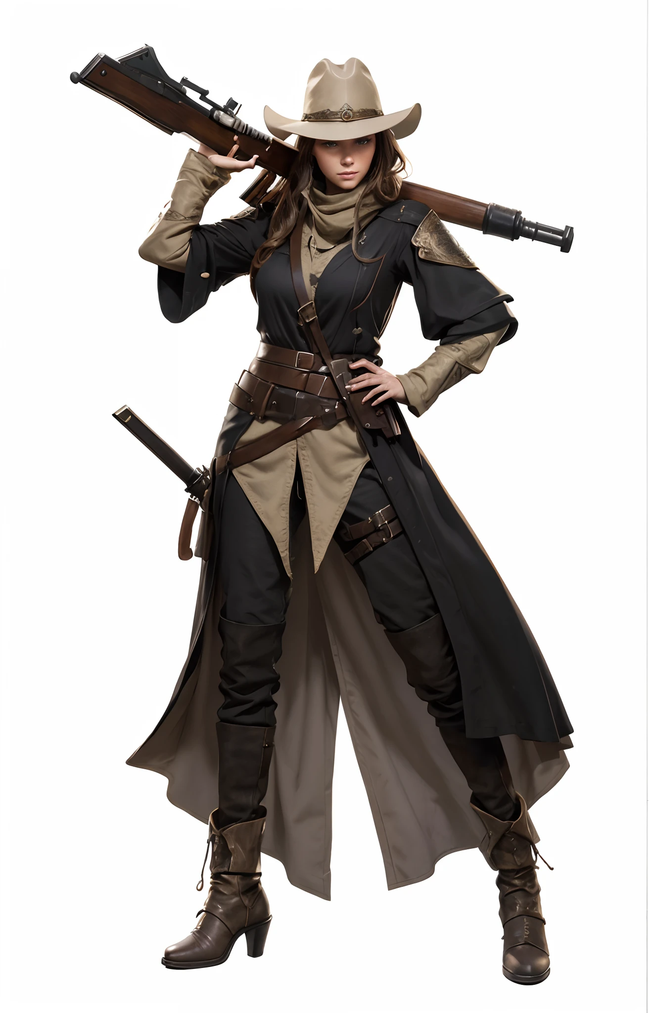 A country Caucasian woman in a long black coat and hat holding a rifle gun over shoulder, exact same gun, with a medieval sword on her right side hip, on a open ranch field in a small village, rpg concept art character, female medieval fantasy bounty hunter, western concept art, rpg character concept art, fashionable rpg clothing, female ranger medieval captain, rpg character art, rpg portrait full body, female lead character, beautiful full body concept art, (realistic, photo-realistic:1.37), (insanely detailed:1.3), 8k, (masterpiece), (best quality:1.4), (ultra high res:1.2), (RAW photo:1.2), professional lighting, cinematic realism