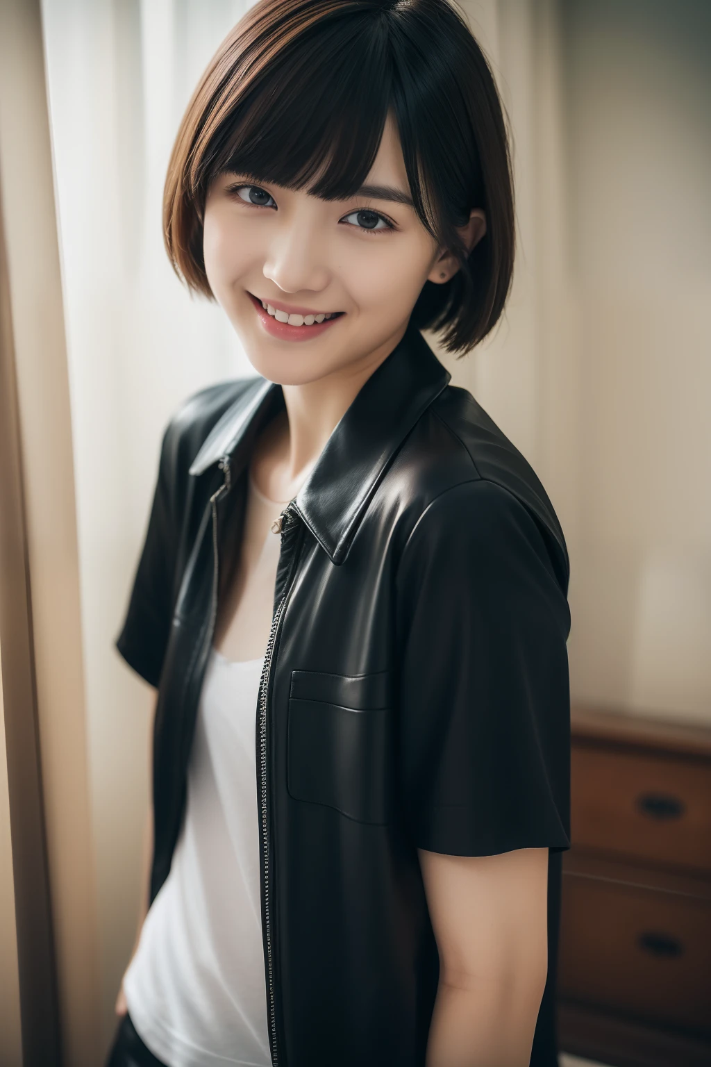 top-quality、masterpiece、20yr old、Bedroom、boyish、Boyish girl、Cool Girl、short-hair、A dark-haired、Masculine fashion、4k、8K、White shirt with peony open、Black panties on lower body、Clear focus、A detailed eye、Natural smile、profile、selfee、