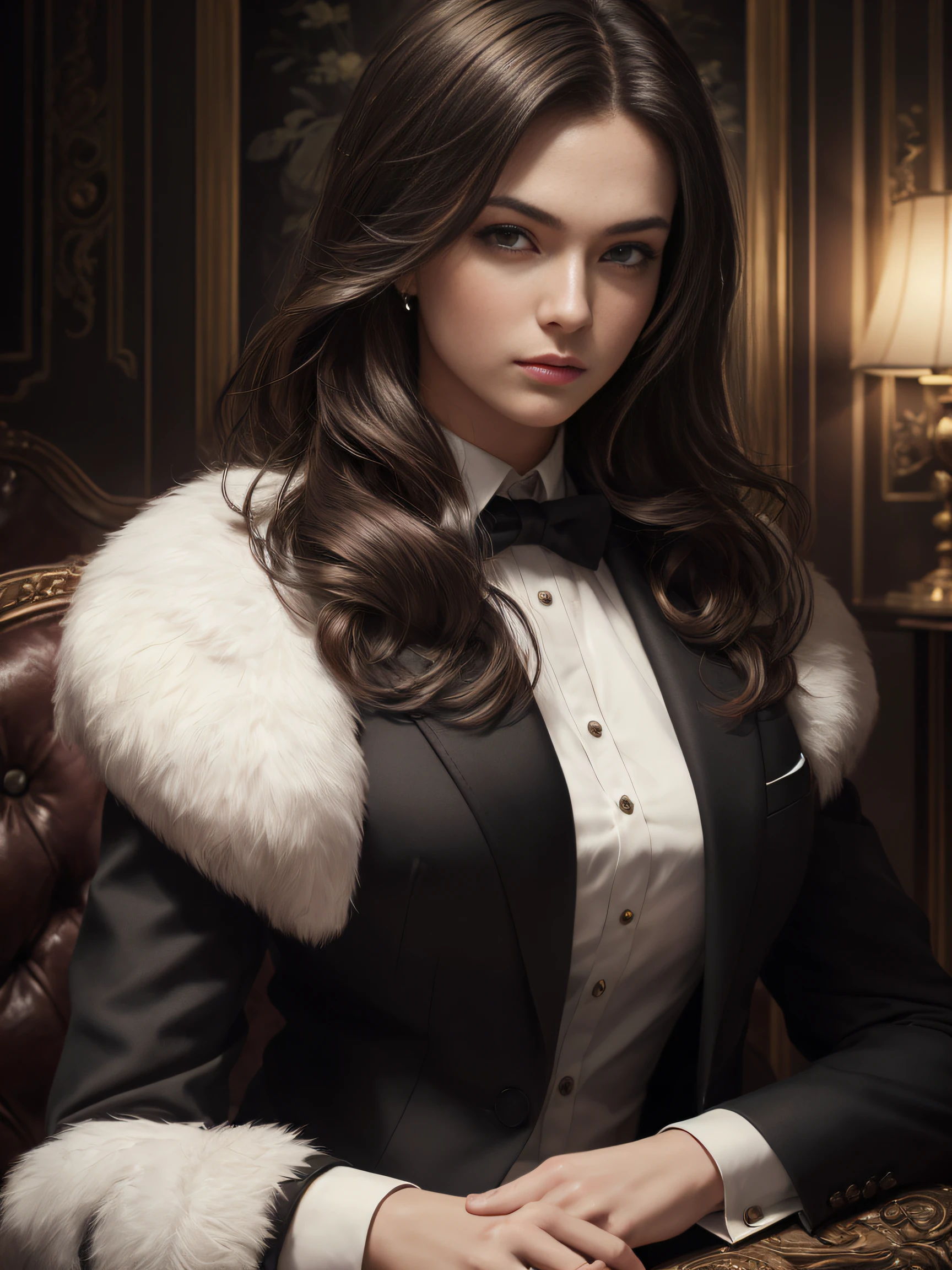 (masterpiece, highest quality, perfect details:1.4), half body, fur, men’s suit, (mafia girl, long hair, black tie), (realistic hair:1.2), very intricate, light diffusion, (dynamic posing:1.1)