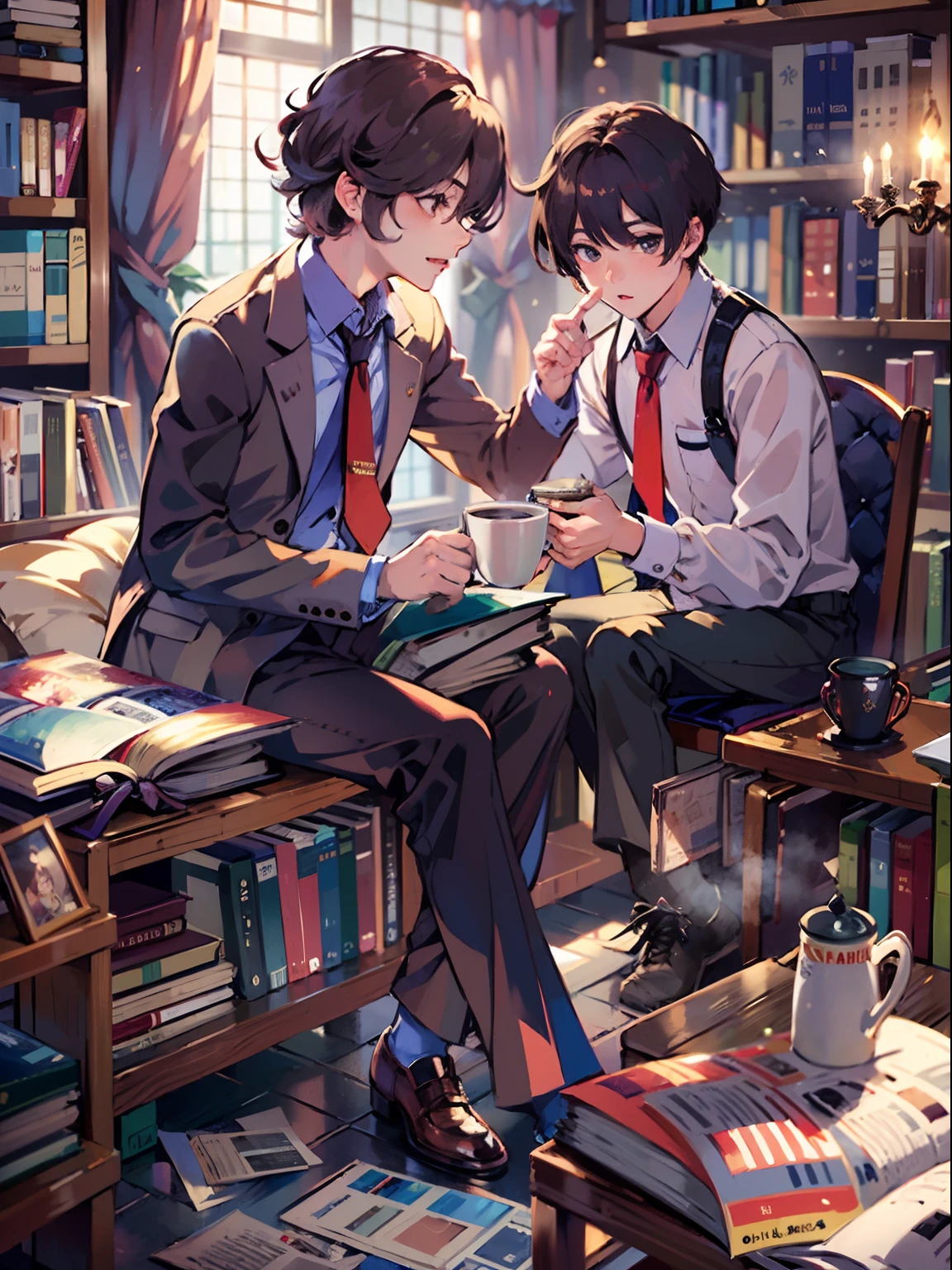 2boys,11 only、(Man's :2),(bobhair:1.5)、A dark-haired、Brown hair、Drinking coffee、chum、Brightly colored ties、Cluttered library、Twilight,Natural lighting、hightquality、masutepiece,8K,hight resolution、