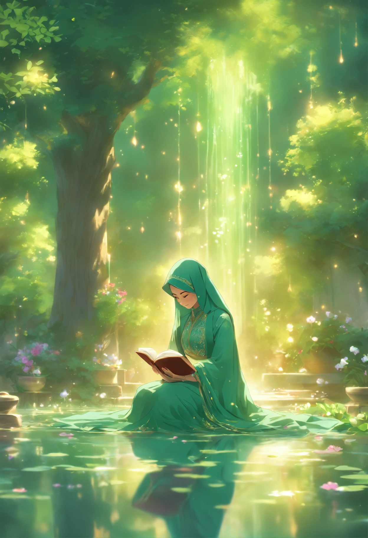 A young Persian woman wears a flowing green gamis abaya and hijab, sits in a quiet courtyard beside a persian garden pond , reading a book. Sunlight shines through the branches of a tree, casting dappled shadows on her face, . Her gamis abaya is embroidered with intricate gold and silver threads. She wears a delicate necklaceThe garden is lush and green, towering trees and colorful flowers. A fountain gurgles in the distance, dark cyan and indigo color theme