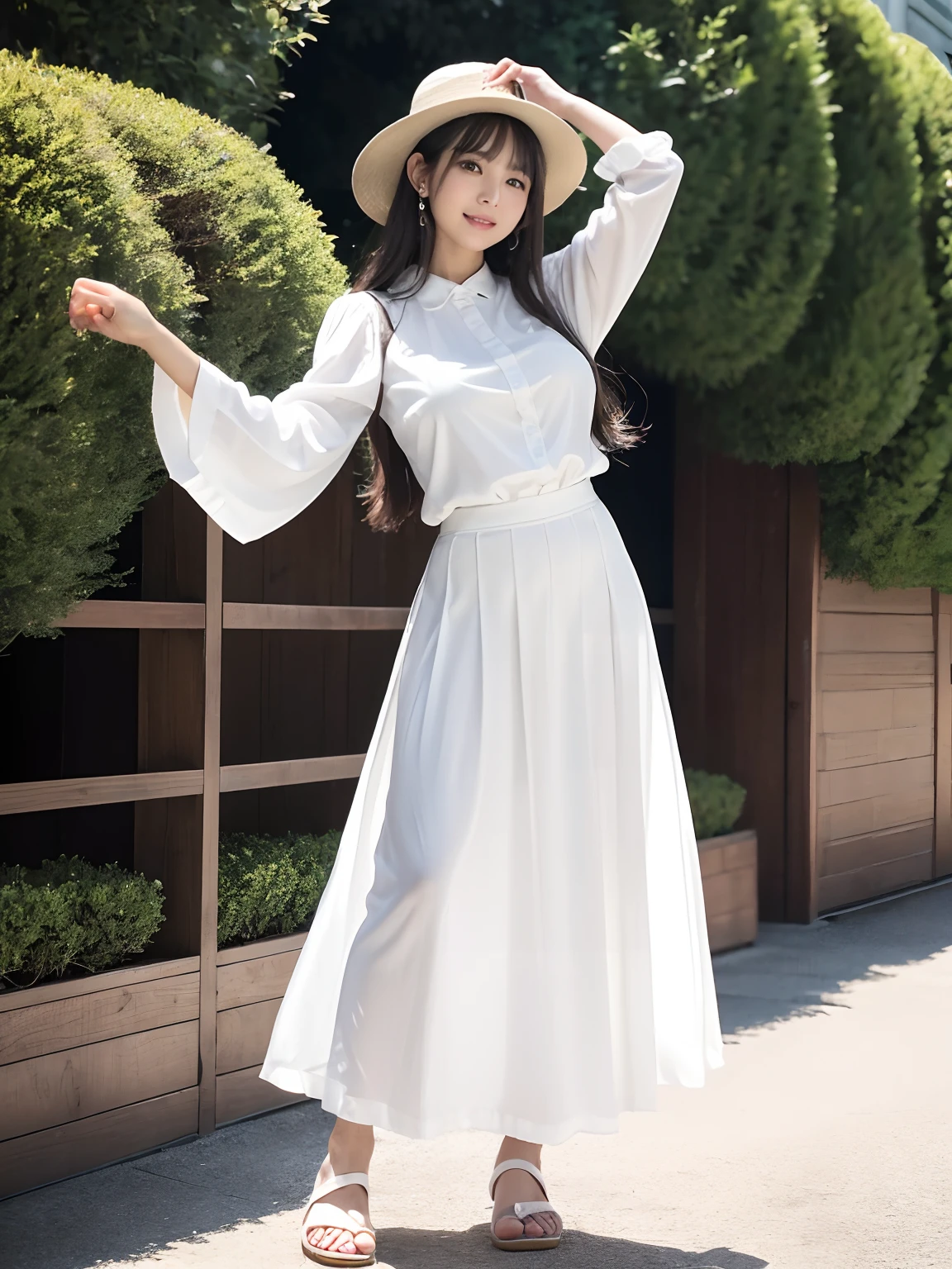 (4 k、top-quality)、(realisitic、Photorealsitic)、(Yakian)、
1girl in、独奏、fullllbody、(Back view)、
perfect hand、up looking_で_the viewer、
whiteshirt、
Ginza City at noon、Daytime、finerly detailed face、Slightly chubby、The best smile、You can see the double teeth、white hairband、Chest wide open、Light brown long curled hair,,(super gigantic breast:1.2)、Volume sleeve blouse, Maxi skirt, Sandals, hat、(Cameltoe),35 year old、Nogizaka Idol、actress、Korean Idol、hposing Gravure Idol,place one's arms behind one's back,raise both arm,(Aside)、Model Standing、