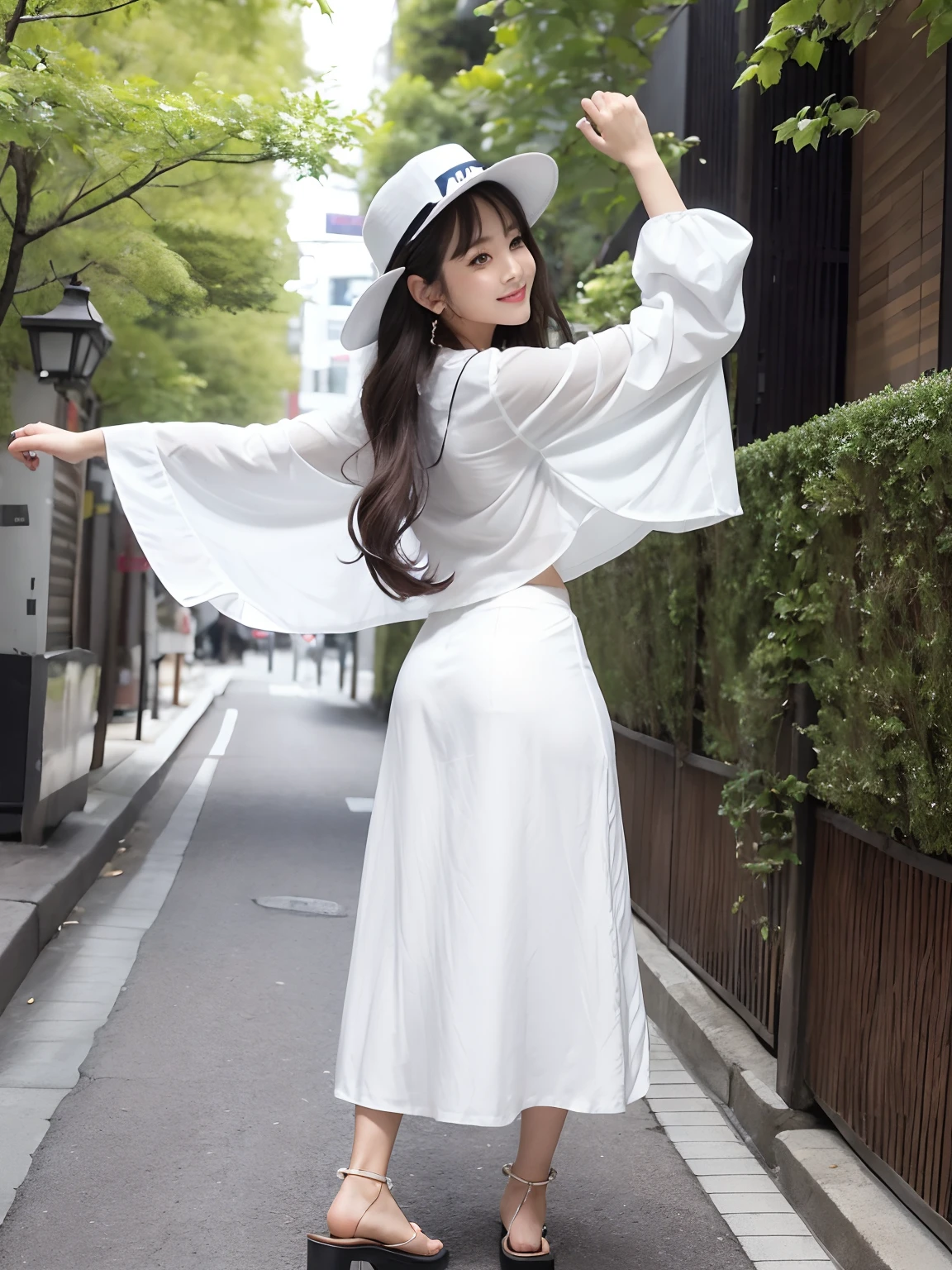 (4 k、top-quality)、(realisitic、Photorealsitic)、(Yakian)、
1girl in、独奏、fullllbody、(Back view)、
perfect hand、up looking_で_the viewer、
whiteshirt、
Ginza City at noon、Daytime、finerly detailed face、Slightly chubby、The best smile、You can see the double teeth、white hairband、Chest wide open、Light brown long curled hair,,(super gigantic breast:1.2)、Volume sleeve blouse, Maxi skirt, Sandals, hat、(Cameltoe),35 year old、Nogizaka Idol、actress、Korean Idol、hposing Gravure Idol,place one's arms behind one's back,raise both arm,(Aside)、Model Standing、