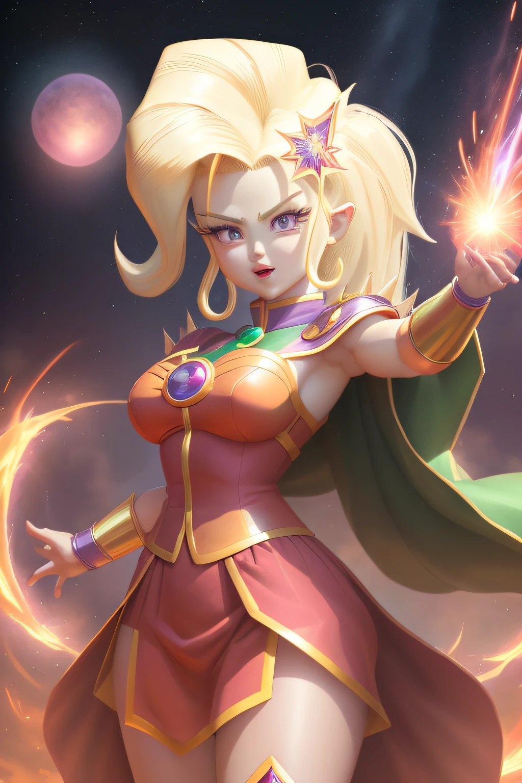 high quality, masterpiece, 8k, exquisite, beautiful, Trixie Lulamoon as the daughter of Broly from Dragon Ball Super in Super Saiyan God Legendary form, a stunning fusion of Trixie's elegance and Broly's immense power, Trixie's signature hat with Broly's iconic spiky hair in a fiery red color, a combination of Trixie's magical abilities and Broly's overwhelming energy, Trixie's elegant outfit with elements of Broly's Saiyan armor, a harmonious color palette blending Trixie's vibrant colors with the fiery red of Super Saiyan God, intricate and detailed clothing design reflecting both elegance and power, Trixie Lulamoon in a dynamic pose, radiating with the aura of Super Saiyan God, showcasing her magical prowess and Broly's raw strength, a backdrop inspired by the fusion of Equestria Girl and Dragon Ball Super, a mix of magical and epic elements, a captivating and dynamic atmosphere