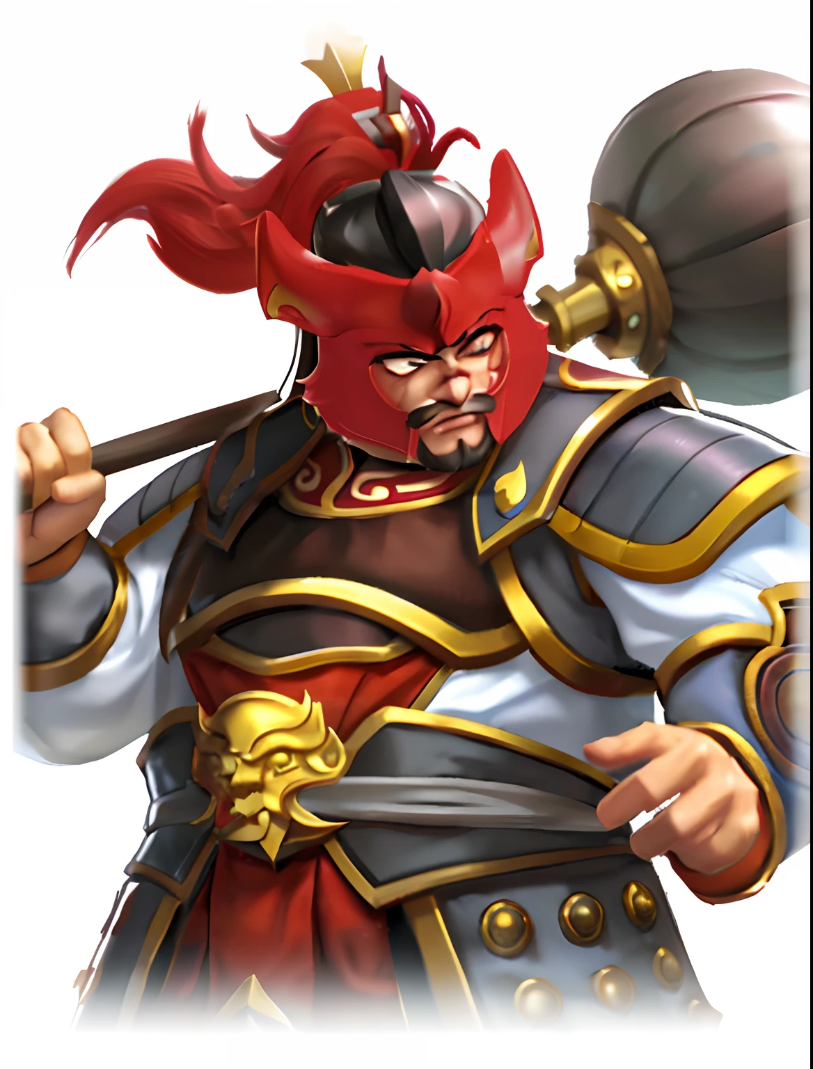 Close-up of a man in costume holding a ball,Male cartoon characters, Man Three Kingdoms warrior general beard angry, bian lian, xianxia hero, inspired by Li Kan, Inspired by Huang Shen, inspired by Luo Mu, inspired by Zhao Zuo, inspired by Park Hua, inspired by Huang Ding, onmyoji portrait, Inspired by Hu Zaobin, hua cheng, Taoist master Guan Yu, Inspired by Hu Zaobin, bian lian, villain wearing a red oni mask, inspired by Ma Shi, inspired by Park Hua, feng shu, an angry muscular army general, inspired by Li Kan, Inspired by Huang Shen, gurenn lagann, Chinese Warrior, inspired by Huang Ding