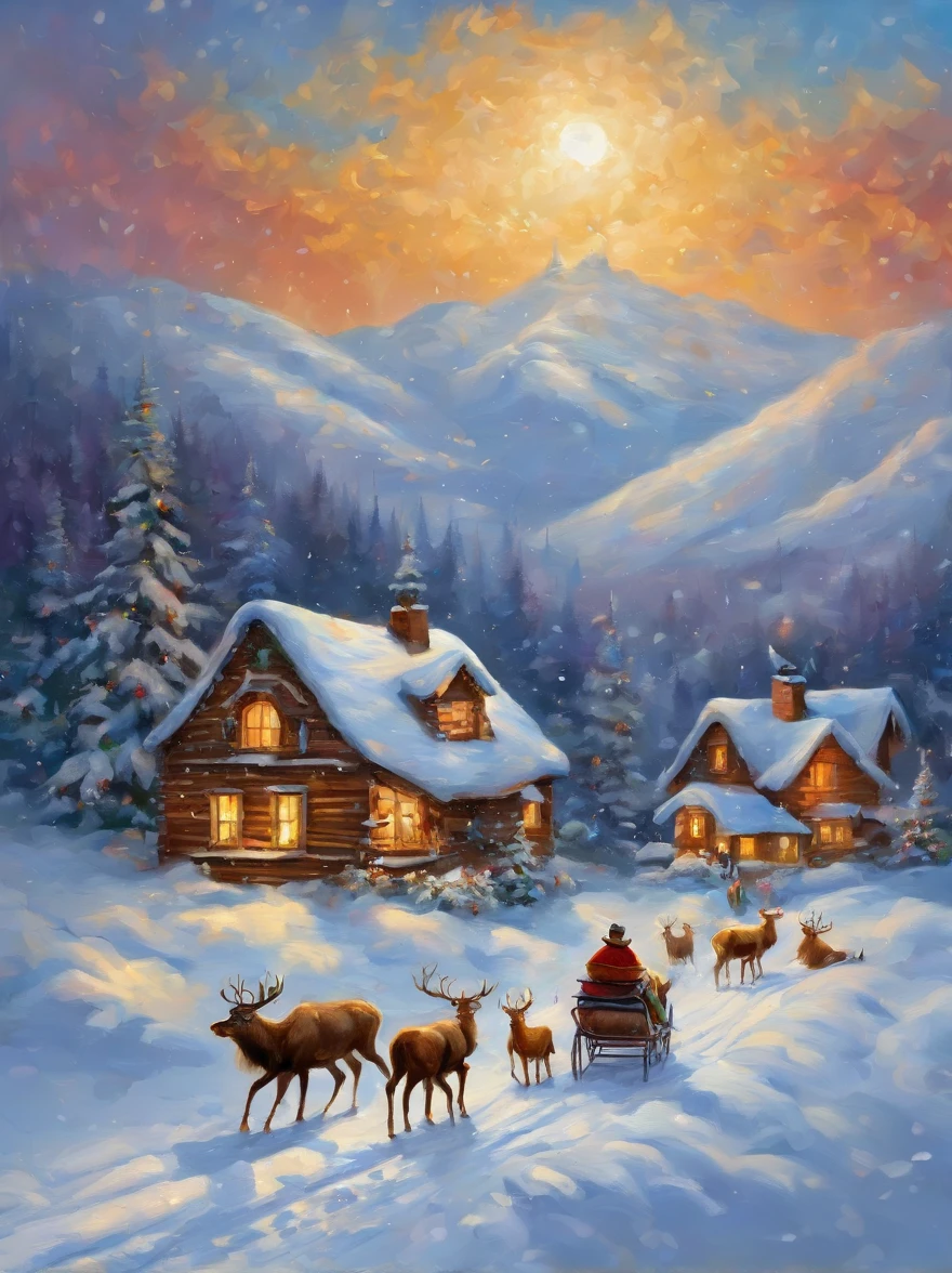 snow landscape，snow covered，Santa Claus sits on a sleigh pulled by an elk，Fly through the sky，yukito，Snow-covered house, It was snowing heavily in the sky，, hyper realisitc, snowy winter christmas night, santa, fantasia de cena de inverno,hyper realisitc，very high resolution,Exquisite、best qualtiy、超詳細、Fine、Positioning details、Colorful colorful