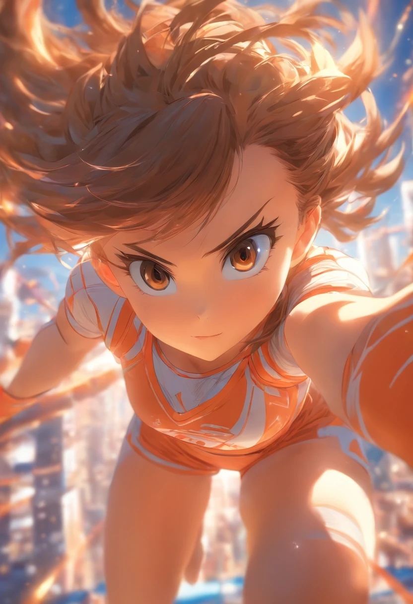 foreshortening, Depth of field, Masterpiece, Best quality, 1girll, Brown hair, Brown eyes, Long hair,gymnastic suit,Shorts dappled sun,
