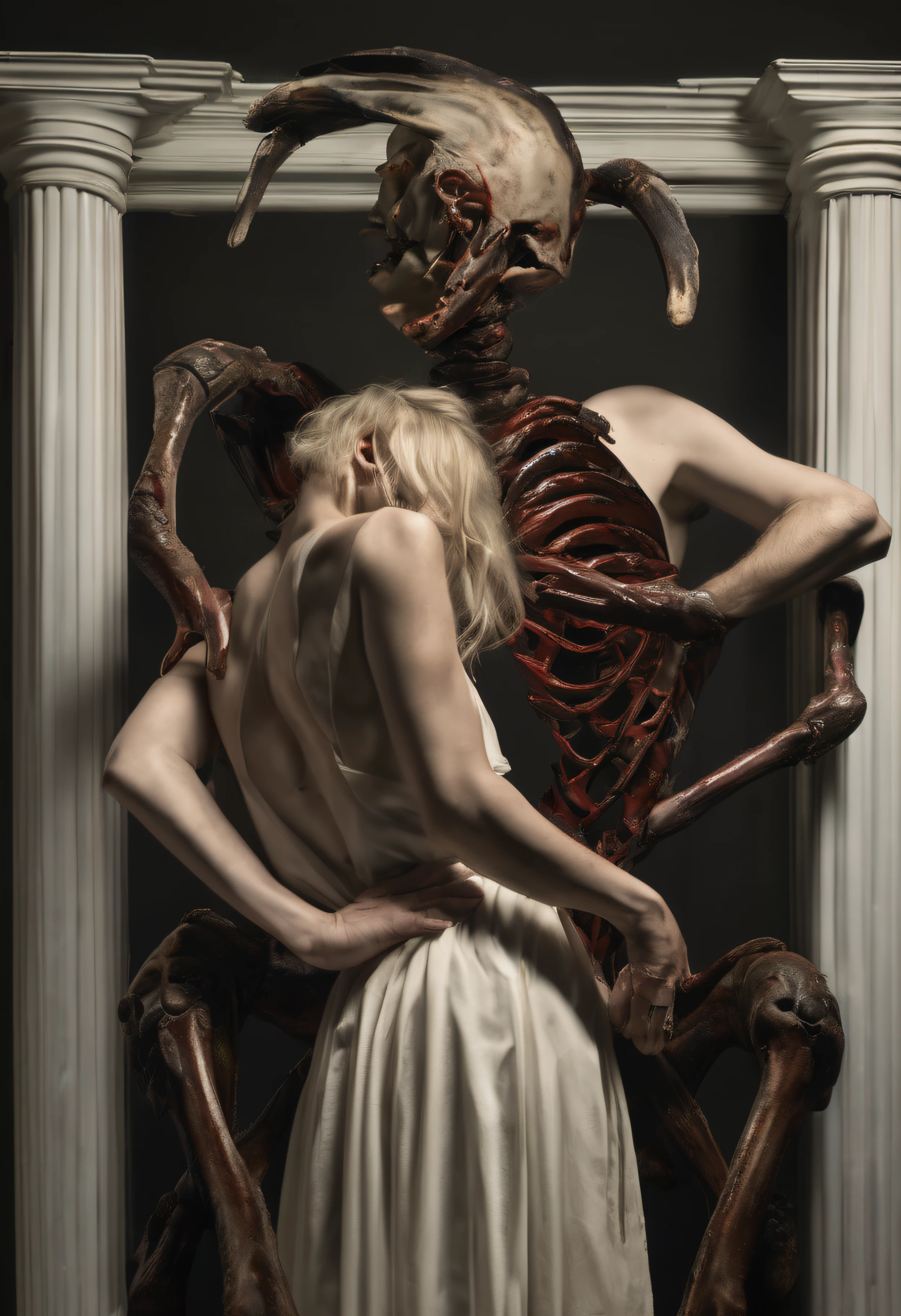 "(The best lighting, alto contraste, oscuro, dramatic),(Chica rubia junto a una cabra negra gigante, Open the rib cage, feto, autopsia, huesos humanos, sangre por las paredes). Luz Caravaggio"