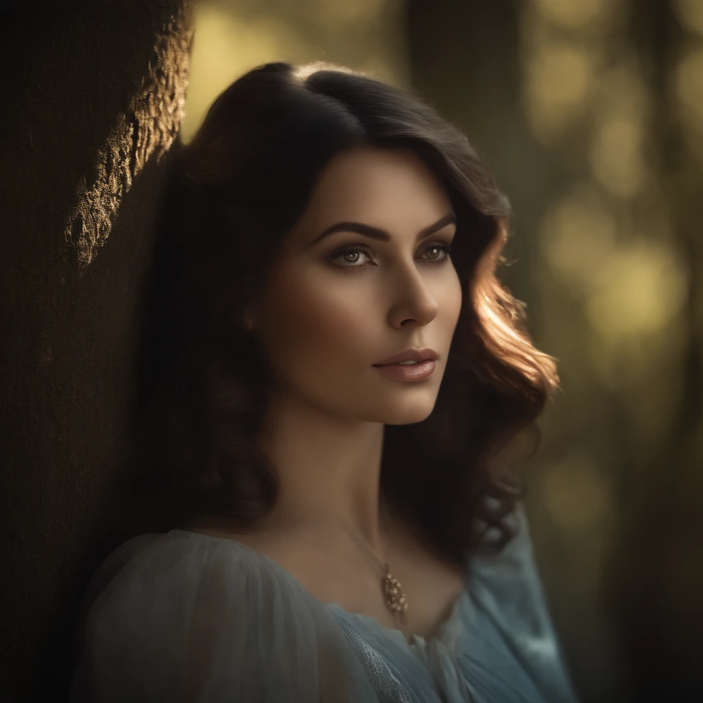 Full body, epic realistic, (dark shot:1.4), 80mm, Create a portrait of a woman with long dark hair. She has a mysterious expression, gazing at the viewer with a slight tilt of her head. She is elegantly dressed, The background features a forest of blue, impressionistic leaves, with an eerie white light shining through and a gradient shadow on the top part of the woman's face. Use a backlighting effect to add depth to the image, blue palette, wider show with more background and forest, (natural skin texture, hyperrealism, soft light, sharp:1.2), soft light, sharp, exposure blend, medium shot, bokeh, (hdr:1.4), high contrast, (cinematic, teal and orange:0.85), (muted colors, dim colors, soothing tones:1.3), low saturation, (hyperdetailed:1.2), (noir:0.4), (intricate details:1.12), hdr, (intricate details, hyperdetailed:1.15), faded, (neutral colors:1.2), art, (hdr:1.5), (muted colors:1.1), (pastel:0.2), hyperdetailed, (artstation:1.4), warm lights, dramatic light, (intricate details:1.2), vignette, complex background,