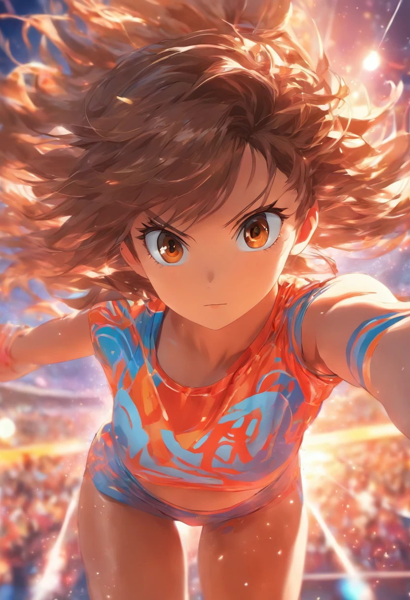 Made, Best quality, 1girll, Brown hair, Brown eyes,  Long hair,gymnastic suit，Shorts mottled sun,