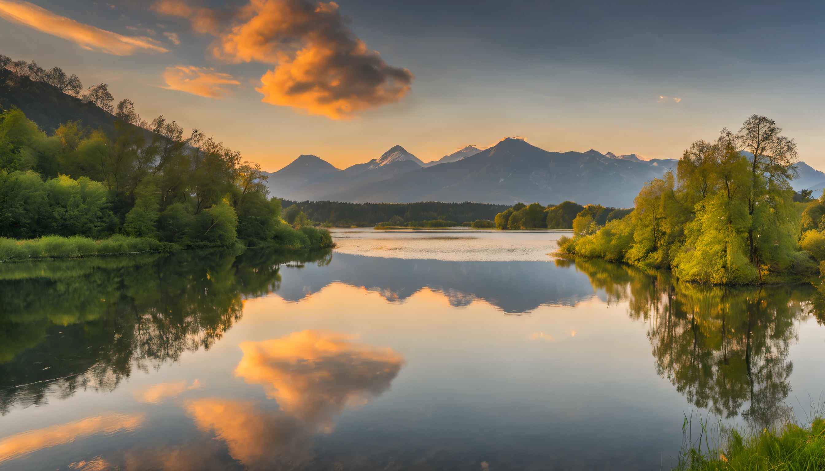 See,Beautiful, detaillierte Reflexionen,quiet atmosphere,rippling water,Majestic mountains in the background,Schwebende Wolken,(best quality,hight resolution),ruhige und beschauliche Landschaft,natural beauty,Friedliche Einsamkeit,Glitzerndes Wasser,Sanfte Brise,Trees and plants on the shore,lush greenery,Kristallklares Wasser.
