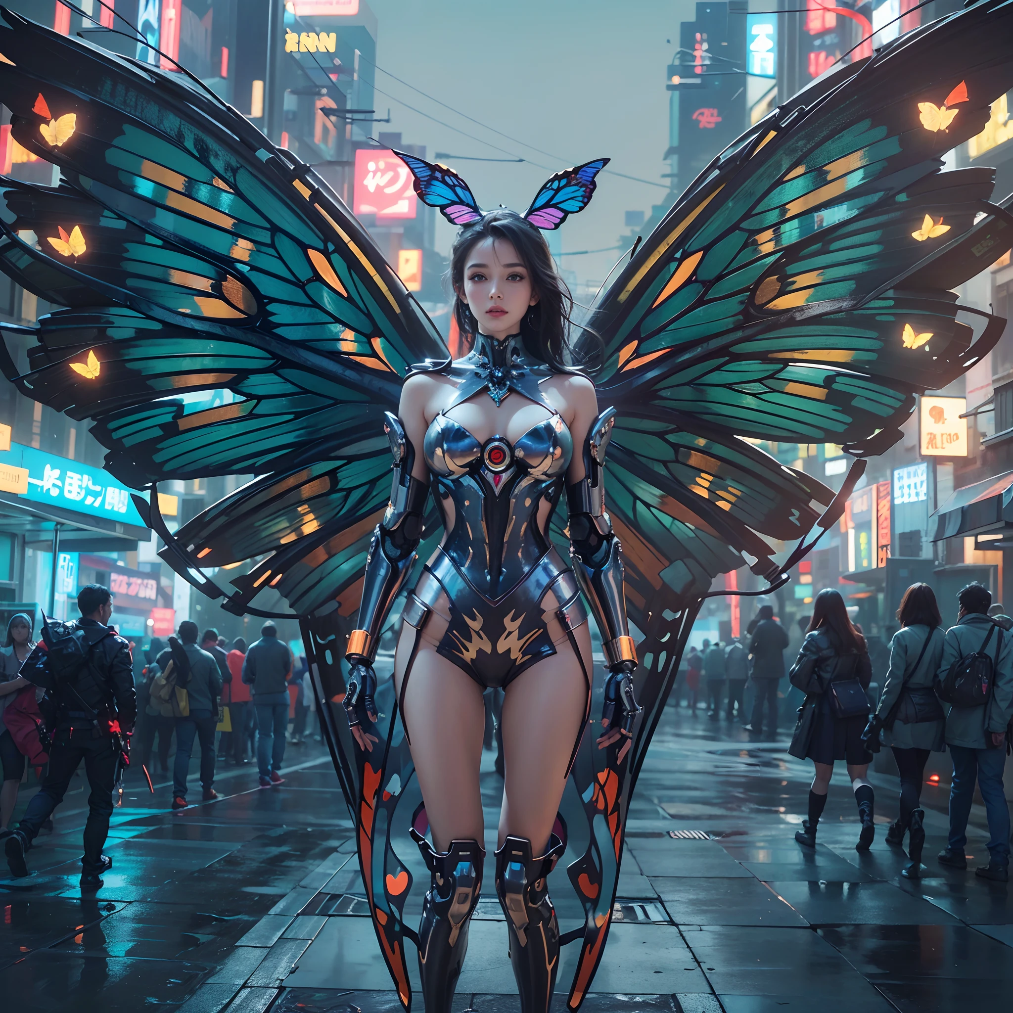 (wide wide shot)，(Best quality,4K,8K,A high resolution,Masterpiece:1.2),Ultra-detailed,(Realistic,Photorealistic,photo-realistic:1.37),A futuristic(Mechanical Woman)，((Huge butterfly wings)),Shiny metal skin,(Rabbit ears)，(((Metal mechanical body))),(high-heels)。nigth,(facing at camera)，standing on your feet，Cyberpunk-city。Vibrant colors。Science fiction art style.