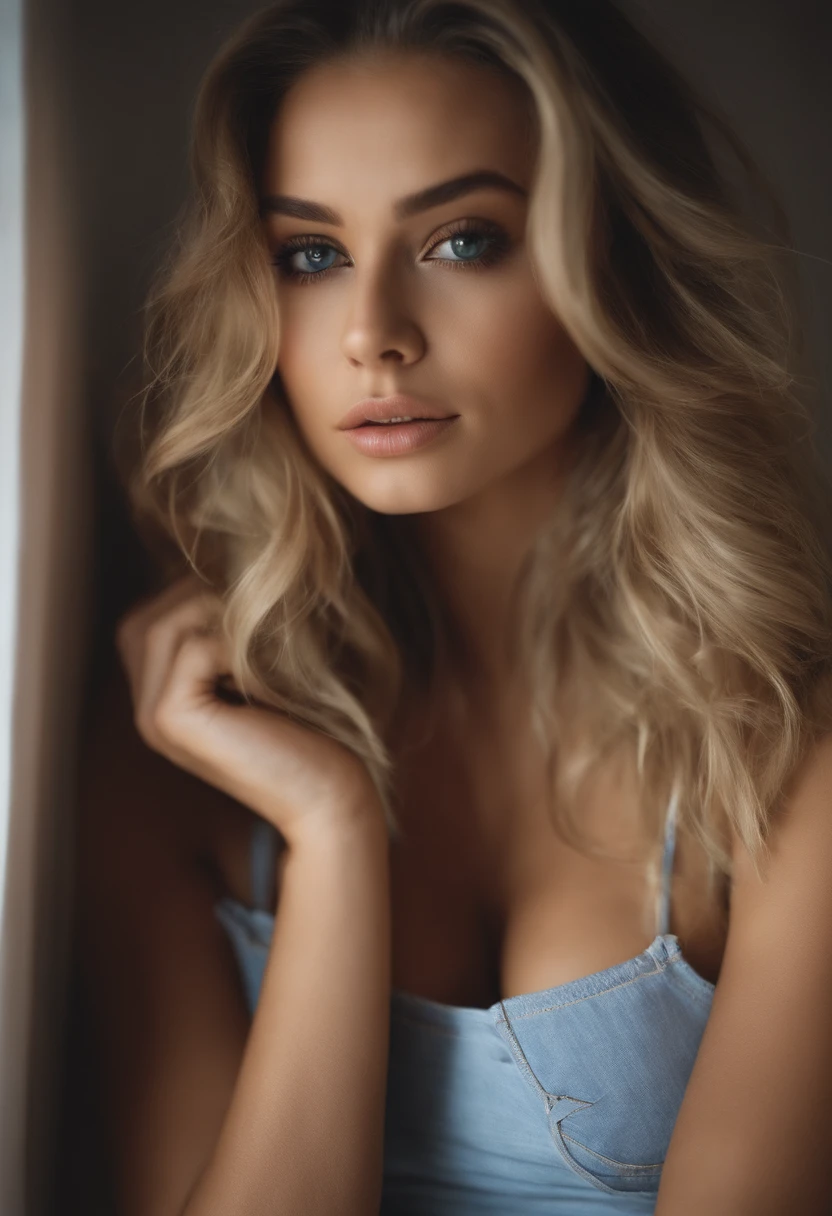 oman with matching tank top and panties, fille sexy aux yeux bleus, Portrait Sophie Mudd, Portrait de Corinna Kopf, cheveux blonds et grands yeux, selfie of a young woman, ohne Maquillage, maquillage naturel, Look directly into the camera, Visage avec Artgram, dezentes Maquillage, Superbe photo du corps entier, dans la chambre, gros seins, Blonde, Latin