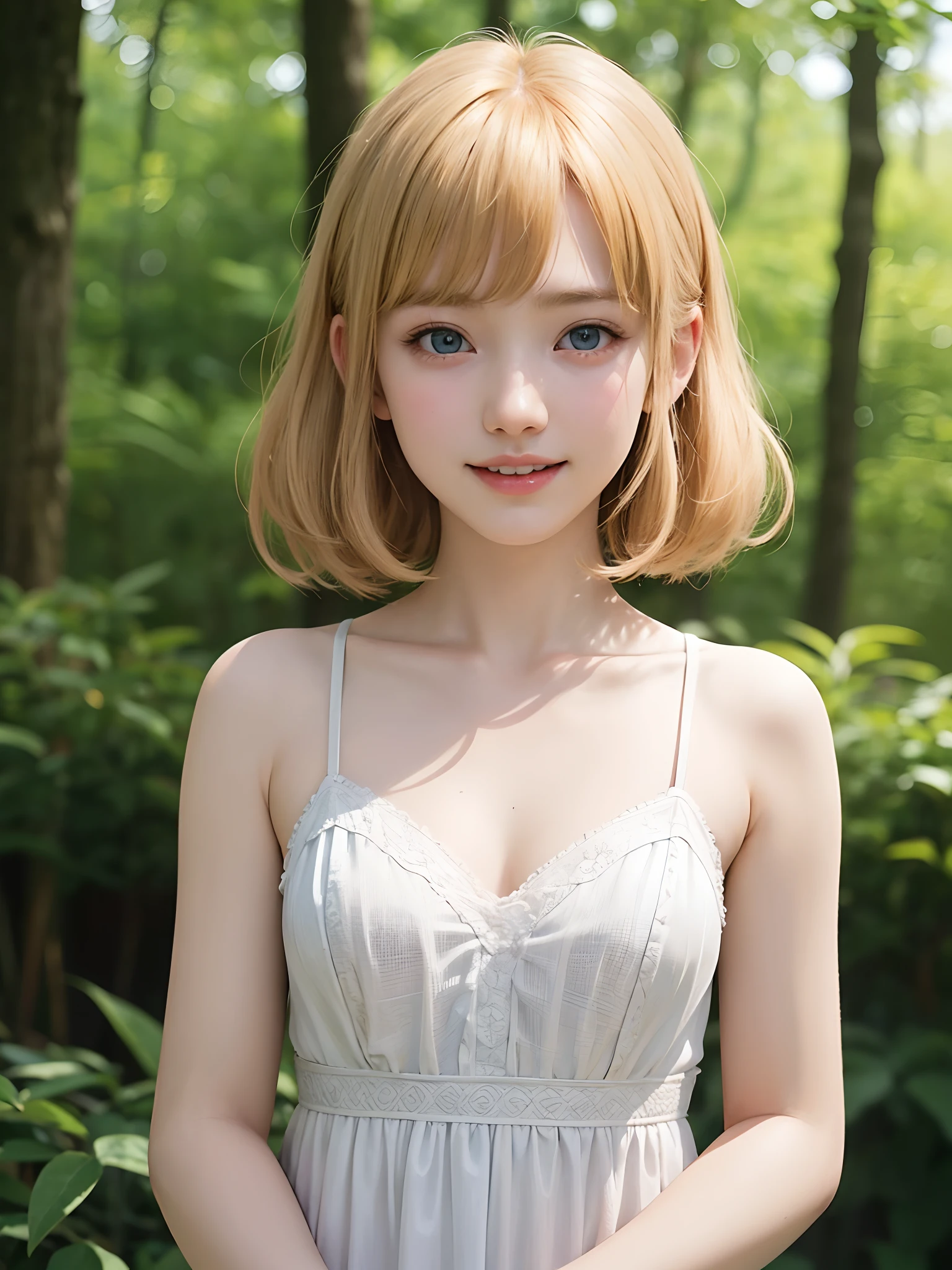 (masuter piece、Best Quality、masutepiece、Cute symmetrical face、Norse man、Beautiful blonde hair with bangs、Very small cute girl:1.6、One Very Young Girl、Very young pretty girl、Very young pretty girl、Very small cute girl、Deities々Shii Girl、Very young face、Symmetrical and very cute face、Show off your décolleté)、Beautiful shiny beautiful blonde hair with bangs、Very Shorthair:1.2、Intense crystal light blue eyes、no earrings:1.5、Beautiful white skin、a five years girl:1.4、Very young pretty girl:1.5、Deities々Little pretty girl、Cute white outfit、Very cute girl、happily laughing、Smile happily、The best smile、Beautiful teeth、Beautiful teeth alignment、Beautiful skins、Staring into the distance on the left、Forest with light on beautiful nature background、Deities々Deep forest background、cowboy shot