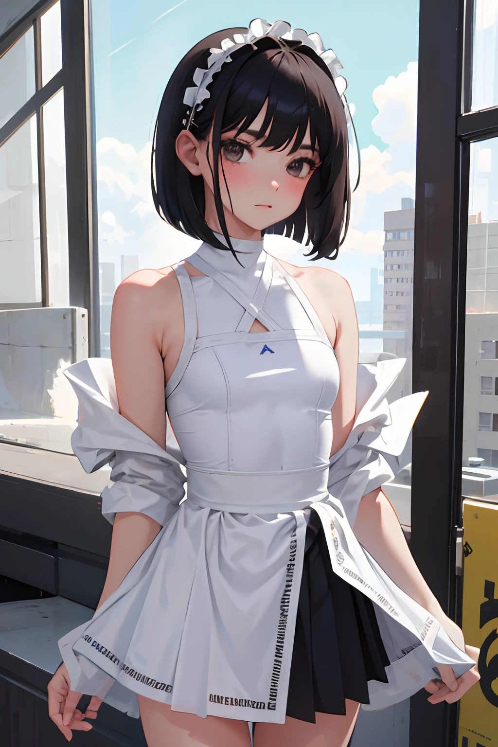 (masterpiece,Highest Quality),(),(Sportsbra,Wrap skirt),Lolita clothes,(A dark-haired,Medium bob),embarrassed from,Delicate body