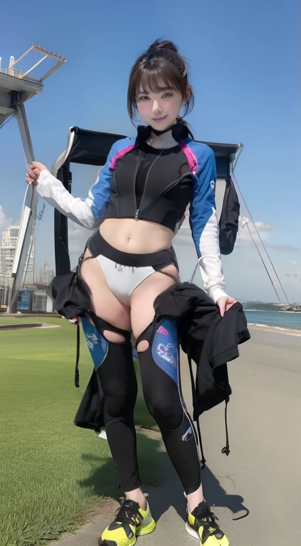 Cute look、infp young woman、large full breasts、beautiful foot、Colorful hair、、Good Style、Wetsuit Tops、white leotard、Dark blue jacket